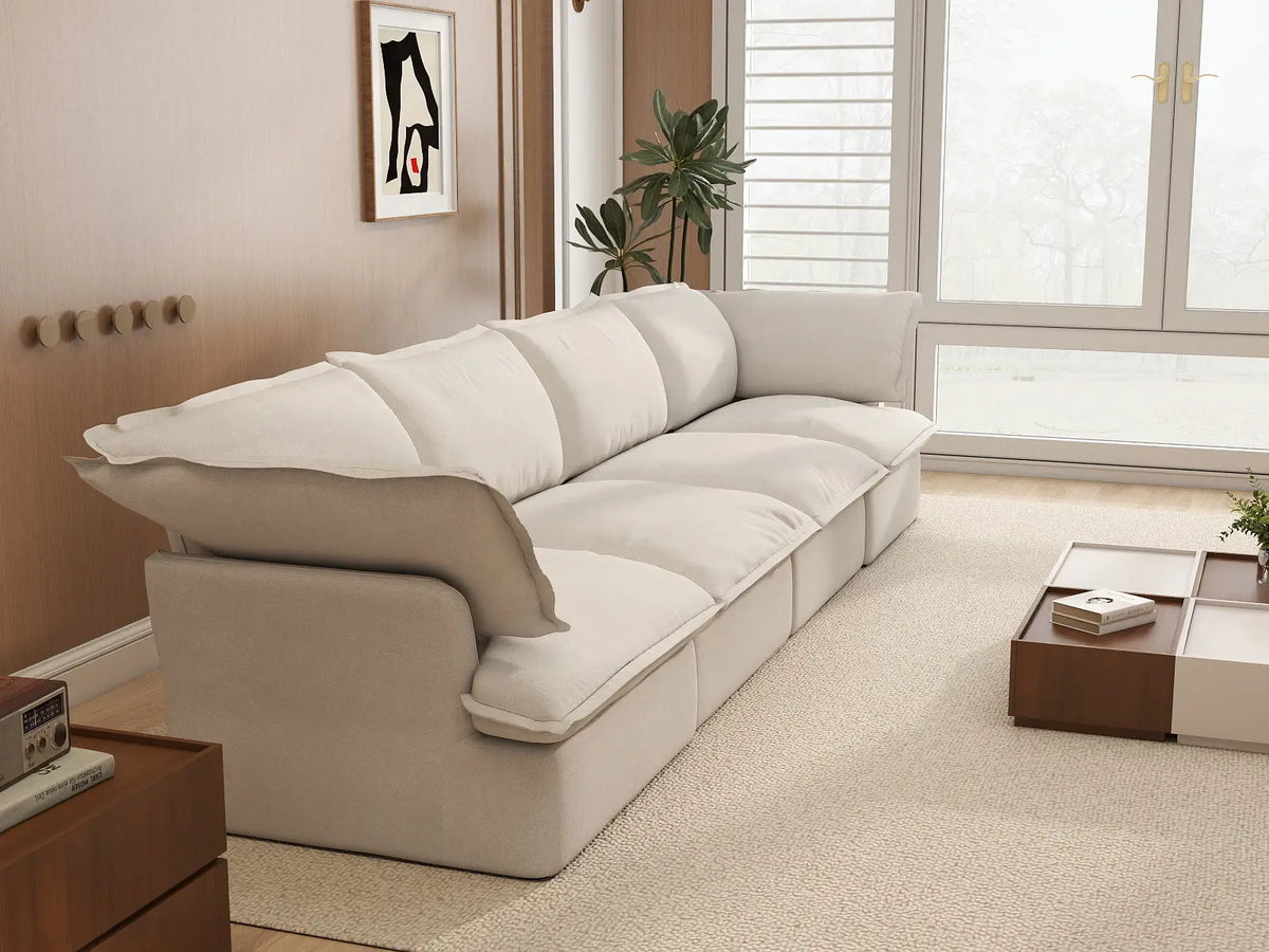 Deluxe Cloud 4-Seater Beige Washable Couch Sectional | 4-Piece, Linen and Cotton Fabric, Modular Design