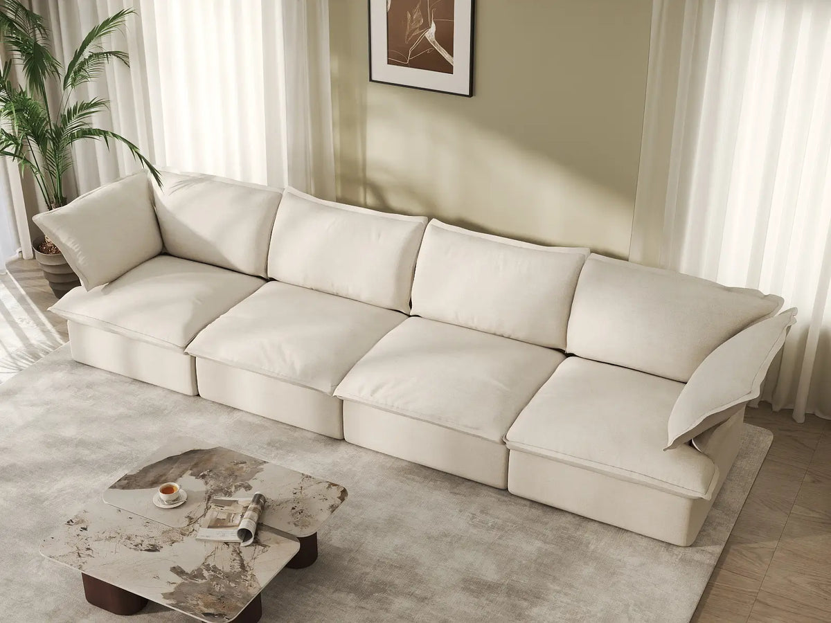 Deluxe Cloud 4-Seater Beige Washable Couch Sectional | 4-Piece, Linen and Cotton Fabric, Modular Design