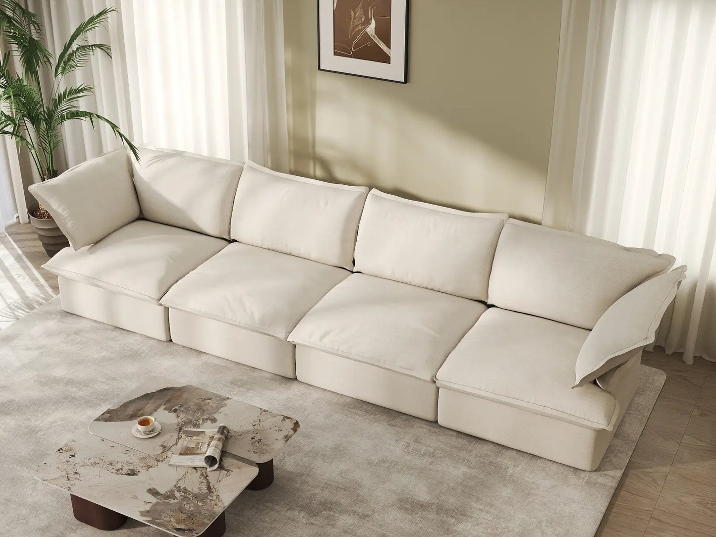 Deluxe Cloud 4-Seater Beige Washable Couch Sectional | 4-Piece, Linen and Cotton Fabric, Modular Design
