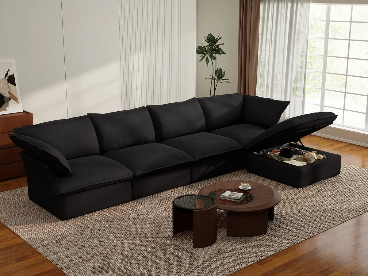 Sofá seccional en forma de L Deluxe Cloud de 4 plazas, color negro, con almacenamiento | Juego de 5 piezas (incluye 1 otomana), tejido de lino y algodón, fundas lavables