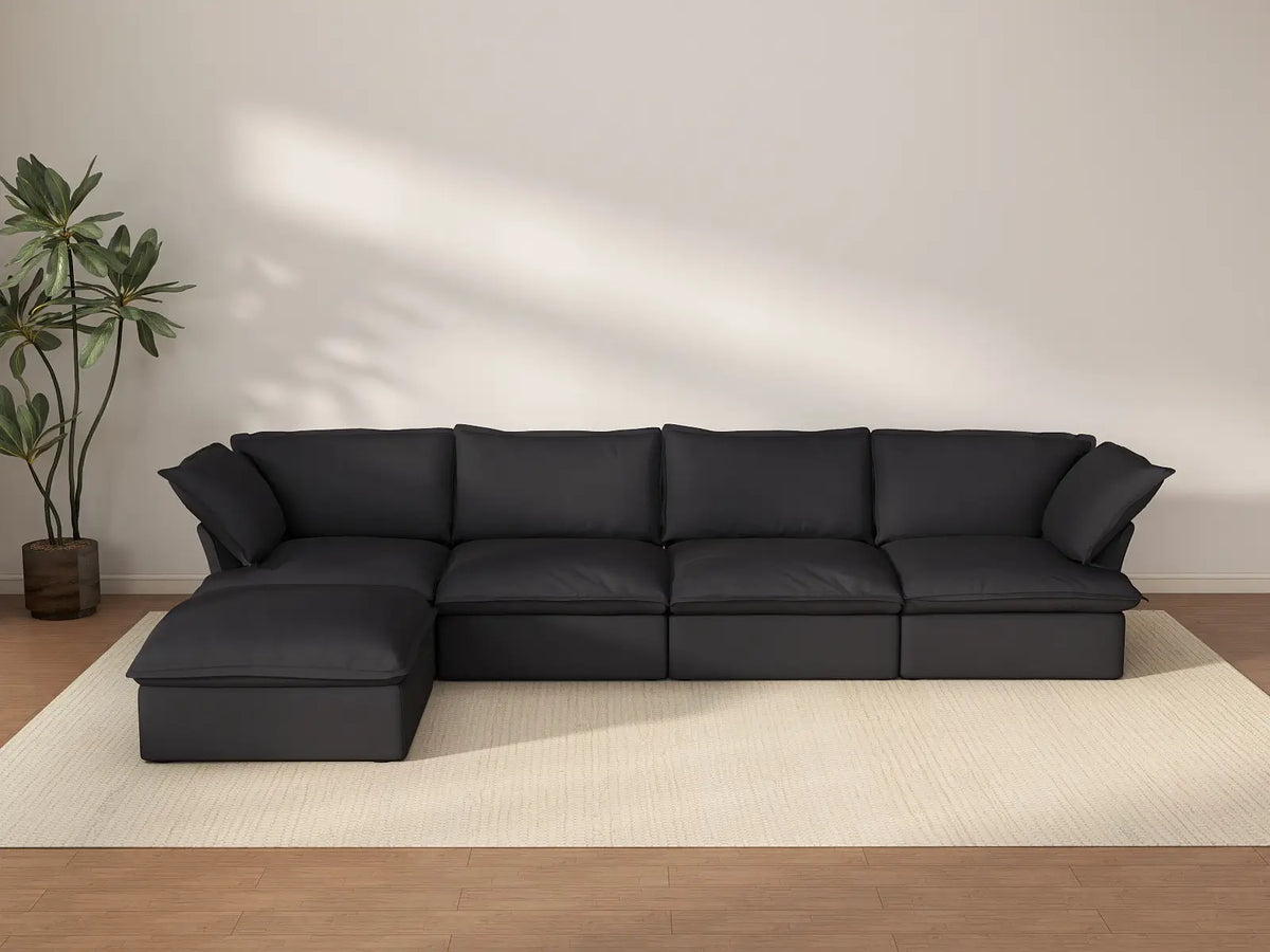 Sofá seccional en forma de L Deluxe Cloud de 4 plazas, color negro, con almacenamiento | Juego de 5 piezas (incluye 1 otomana), tejido de lino y algodón, fundas lavables