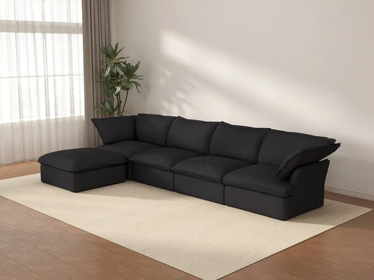 Deluxe Cloud 4-Seater Black Storage L-Shaped Sectional | 5-Piece (includes 1 Ottoman), Linen and Cotton Fabric, Washable Covers