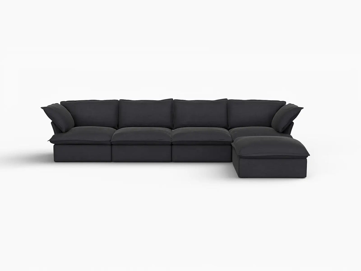Sofá seccional en forma de L Deluxe Cloud de 4 plazas, color negro, con almacenamiento | Juego de 5 piezas (incluye 1 otomana), tejido de lino y algodón, fundas lavables