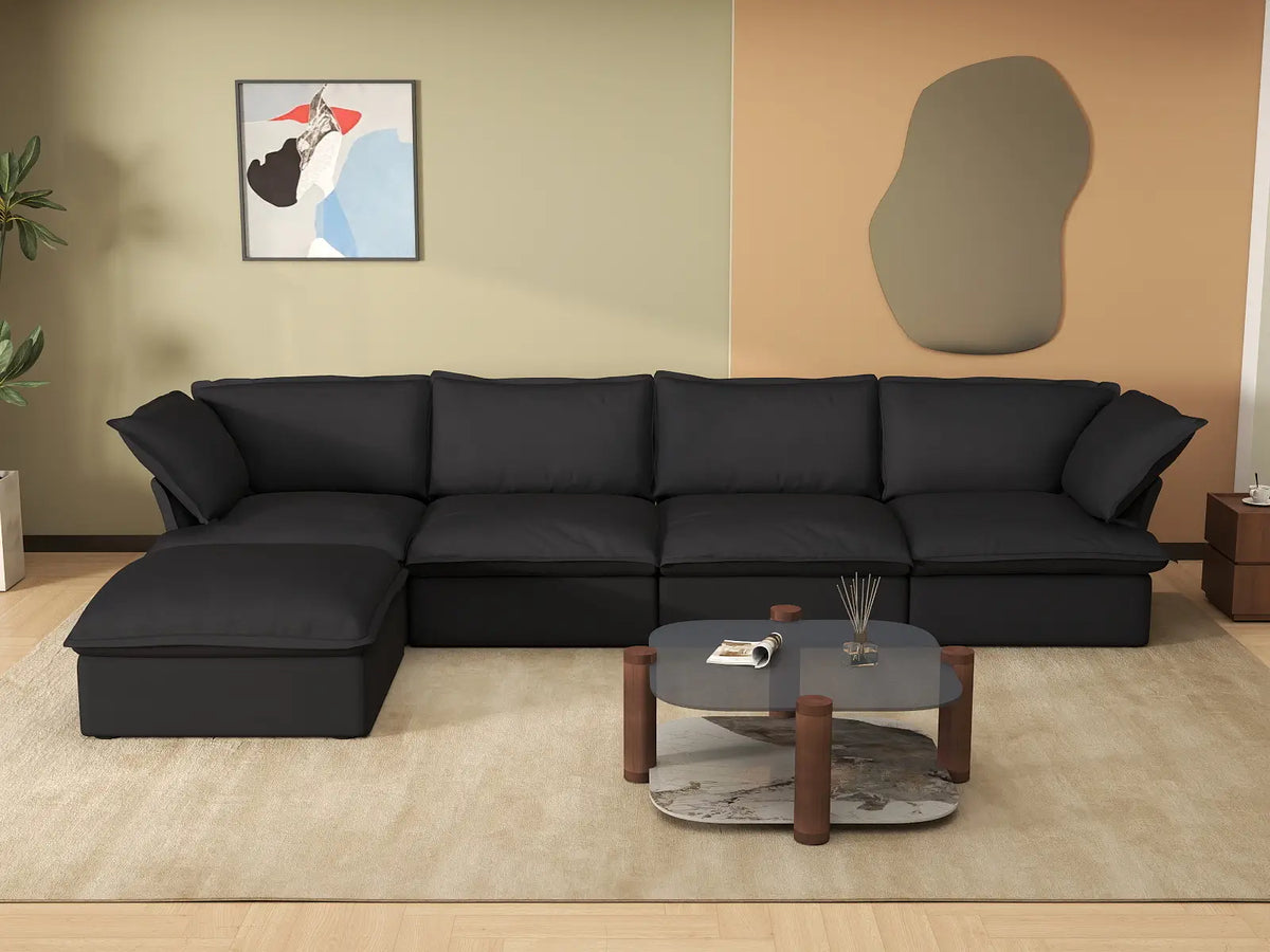 Sofá seccional en forma de L Deluxe Cloud de 4 plazas, color negro, con almacenamiento | Juego de 5 piezas (incluye 1 otomana), tejido de lino y algodón, fundas lavables