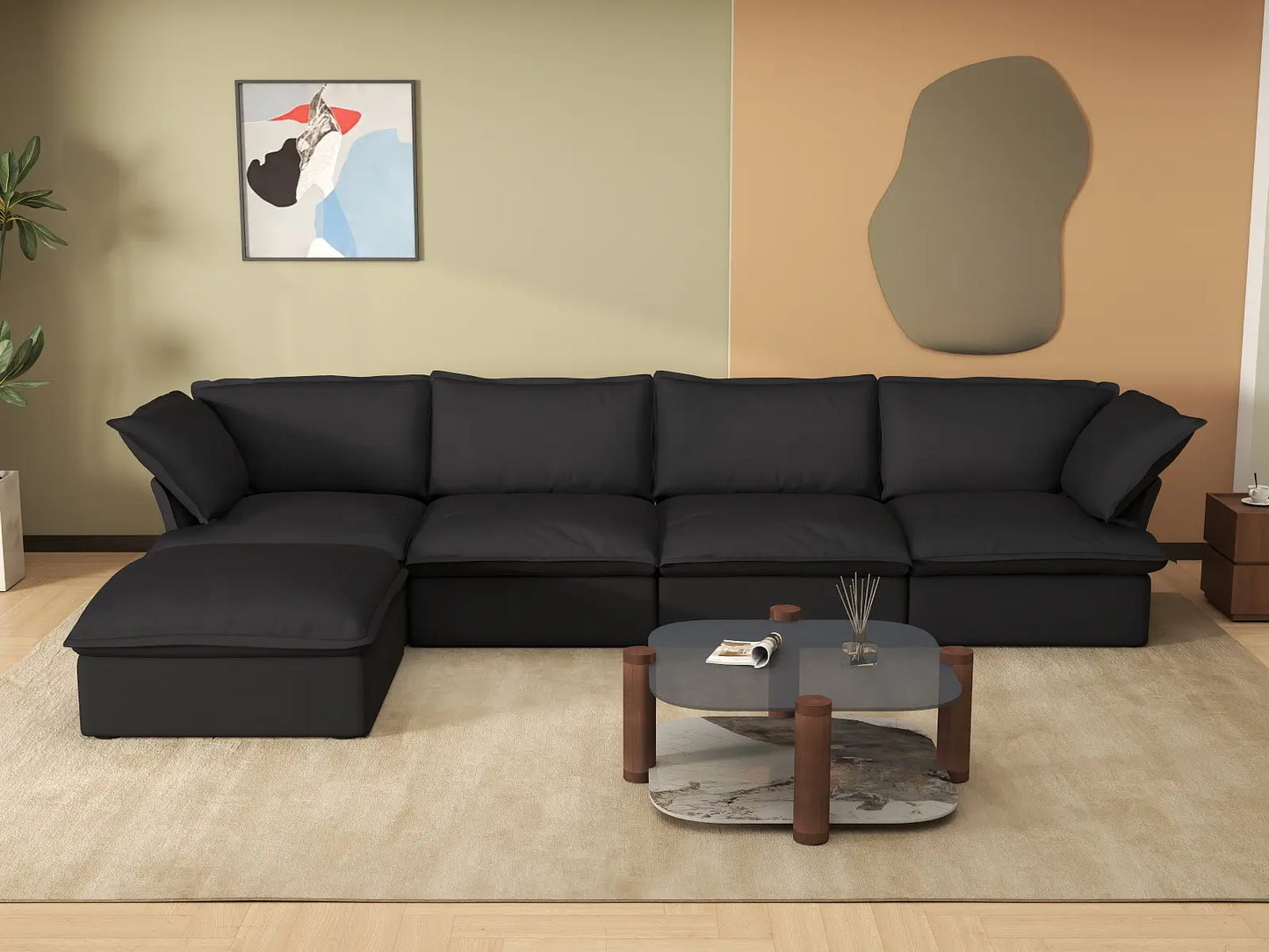 Sofá seccional en forma de L Deluxe Cloud de 4 plazas, color negro, con almacenamiento | Juego de 5 piezas (incluye 1 otomana), tejido de lino y algodón, fundas lavables