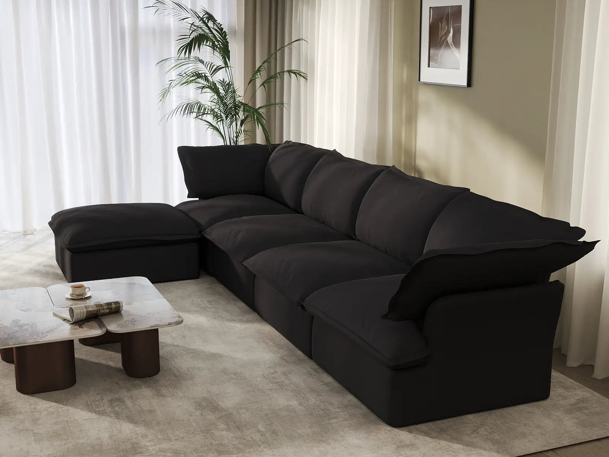 Sofá seccional en forma de L Deluxe Cloud de 4 plazas, color negro, con almacenamiento | Juego de 5 piezas (incluye 1 otomana), tejido de lino y algodón, fundas lavables