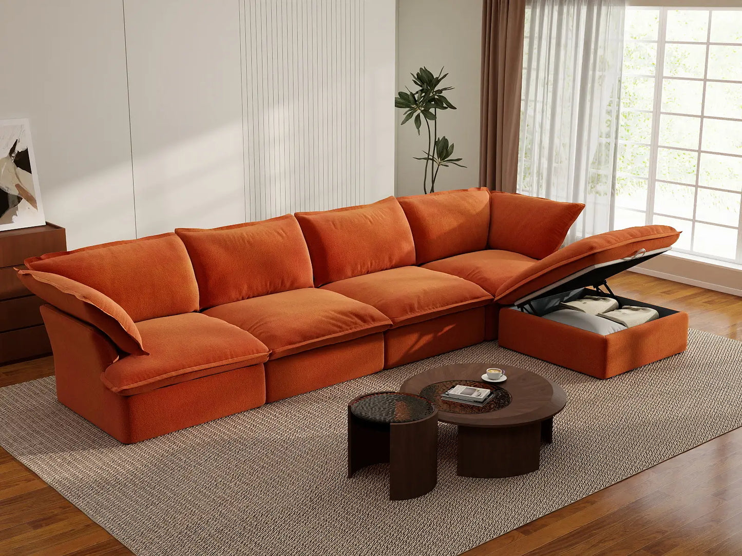 Deluxe Cloud 4-Seater L-Shaped Sofa with Storage | 5-Piece (includes 1 ottoman), Velvet Fabric, Washable Covers