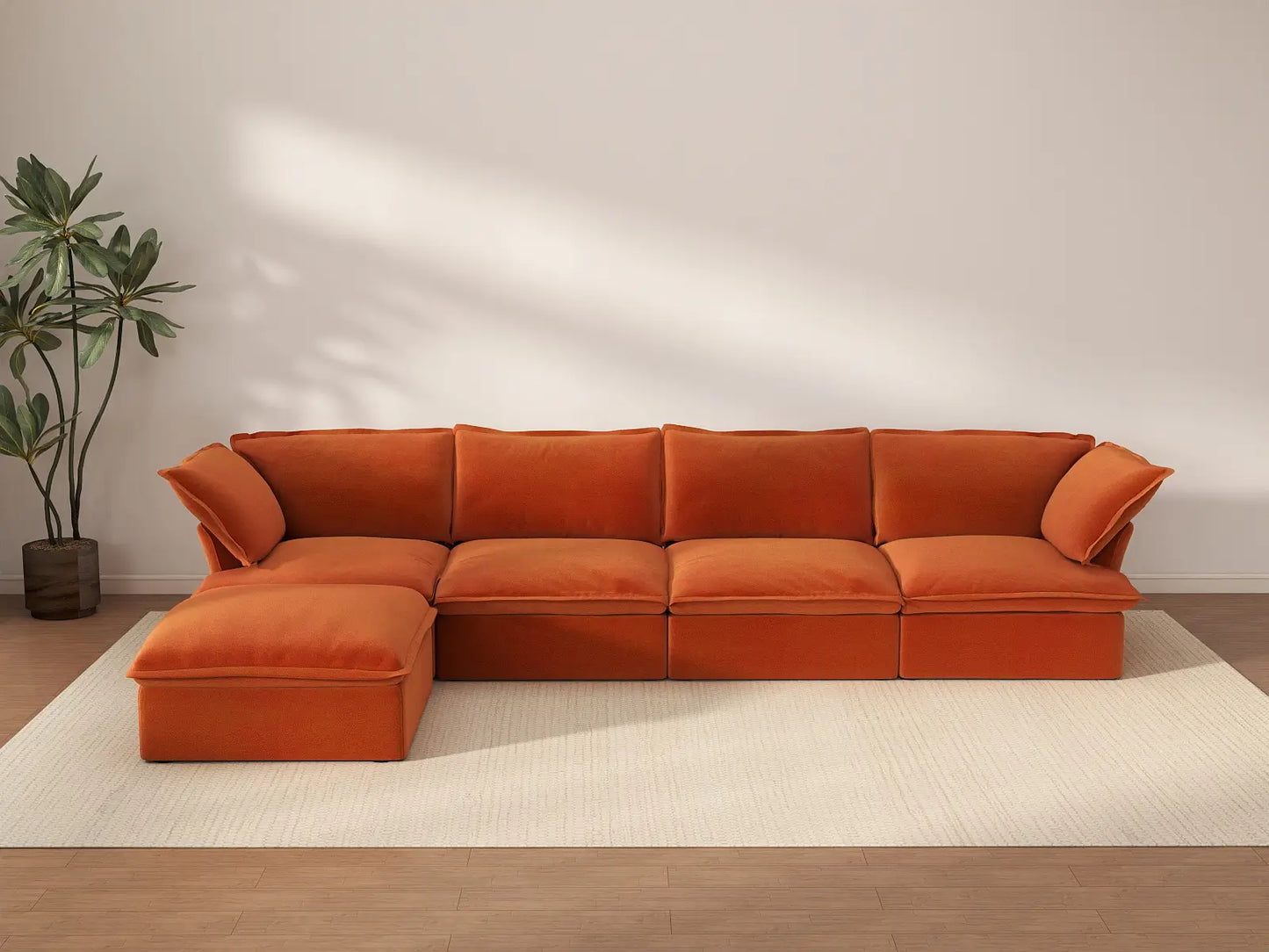 Deluxe Cloud 4-Seater L-Shaped Sofa with Storage | 5-Piece (includes 1 ottoman), Velvet Fabric, Washable Covers
