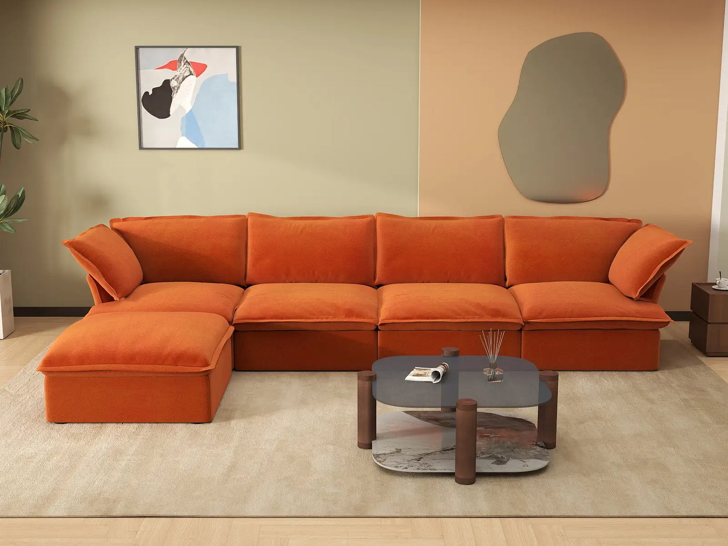 Deluxe Cloud 4-Seater L-Shaped Sofa with Storage | 5-Piece (includes 1 ottoman), Velvet Fabric, Washable Covers
