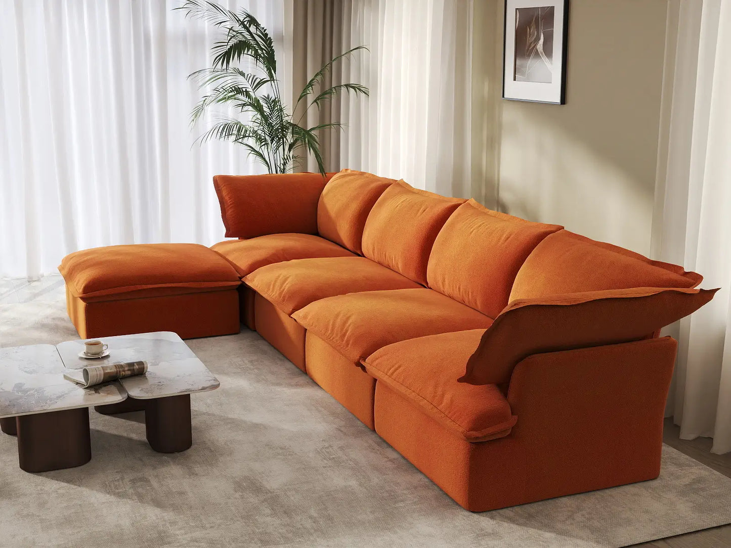 Deluxe Cloud 4-Seater L-Shaped Sofa with Storage | 5-Piece (includes 1 ottoman), Velvet Fabric, Washable Covers