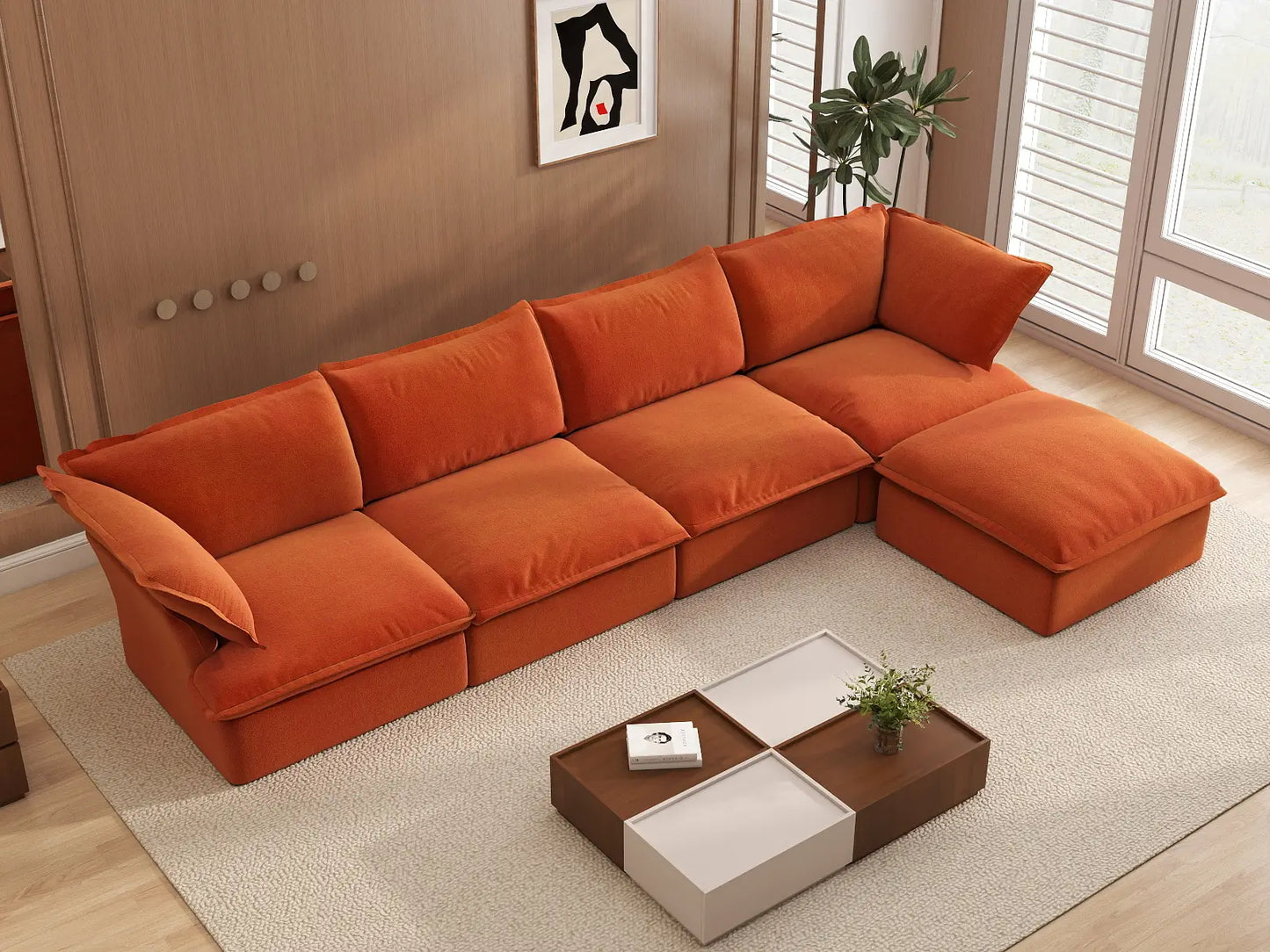 Deluxe Cloud 4-Seater L-Shaped Sofa with Storage | 5-Piece (includes 1 ottoman), Velvet Fabric, Washable Covers