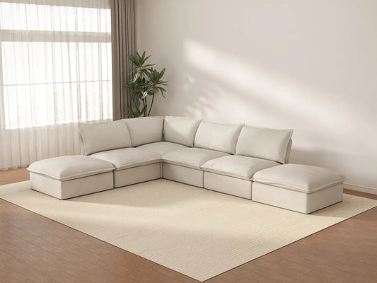 Deluxe Cloud 4-Seater L-Shaped Sofa with Washable Cover | 6-Piece (includes 2 ottomans), Linen and Cotton Fabric, Storage Ottoman