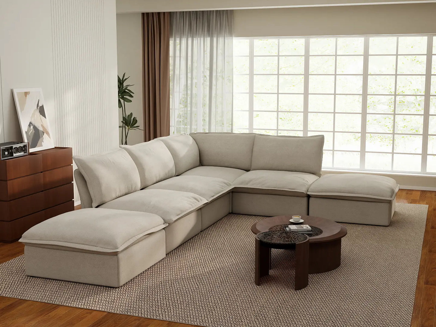 Deluxe Linen Cloud Sectional Sofas Covers | Beige Linen and Cotton Sofa Cover for 4-Seater with 2-Ottoman