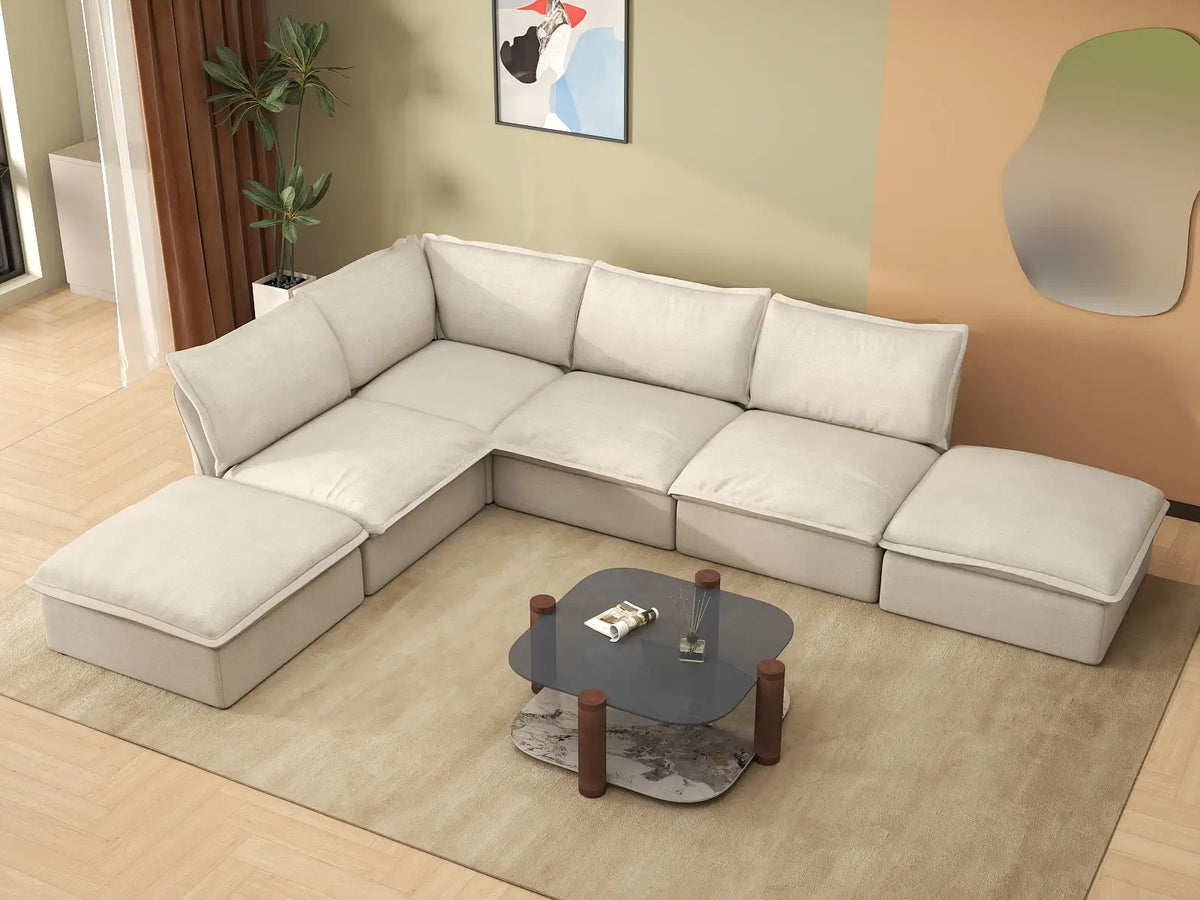 Deluxe Linen Cloud Sectional Sofas Covers | Beige Linen and Cotton Sofa Cover for 4-Seater with 2-Ottoman