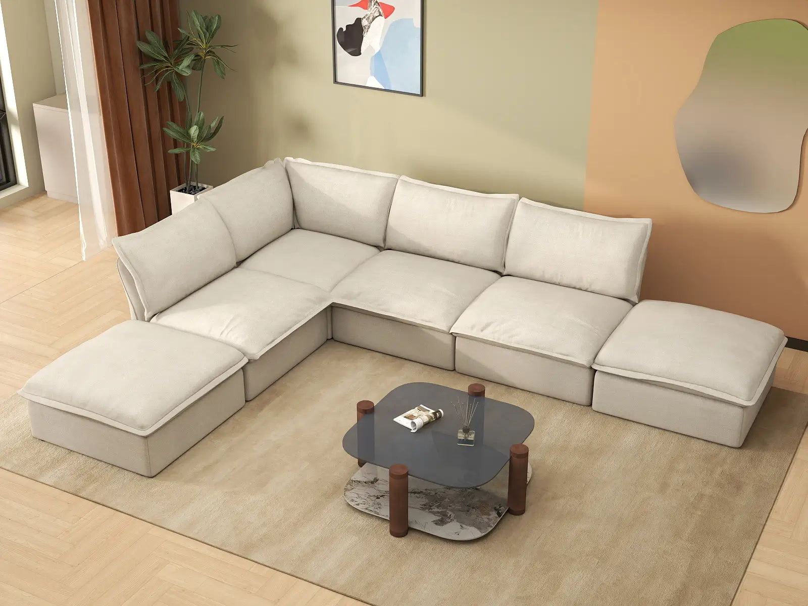 Deluxe Cloud 4-Seater L-Shaped Sofa with Washable Cover | 6-Piece (includes 2 ottomans), Linen and Cotton Fabric, Storage Ottoman