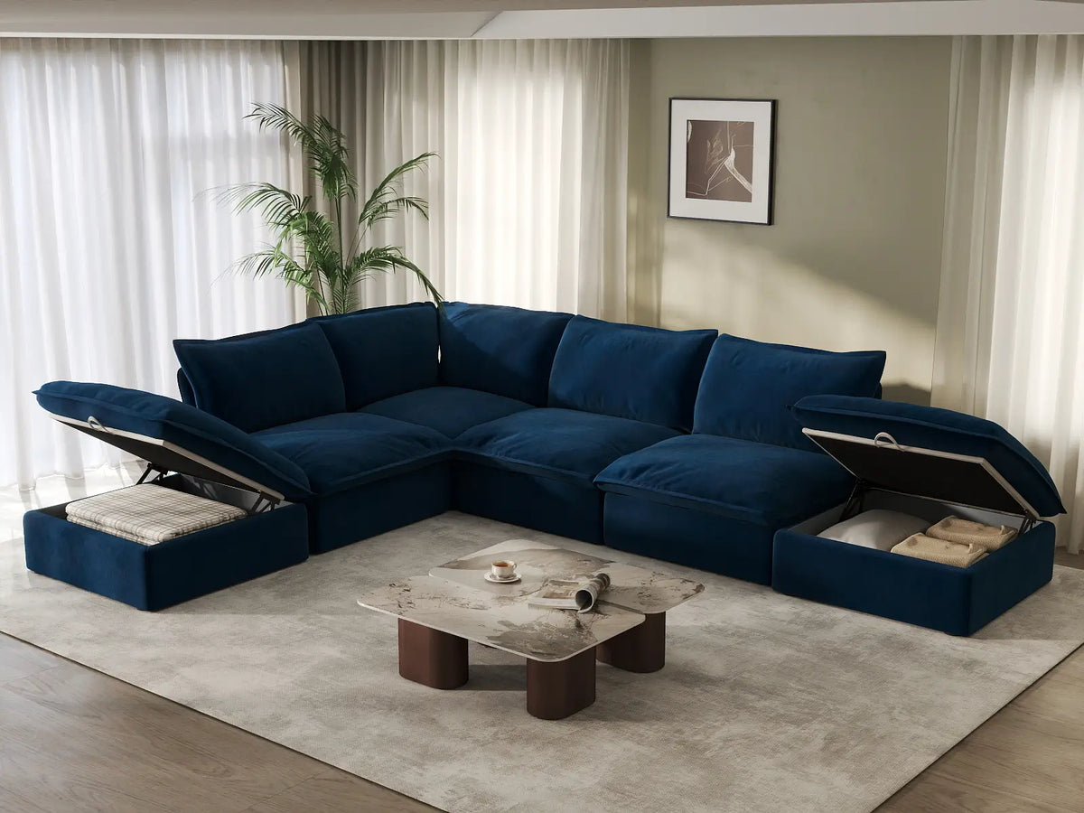Deluxe Cloud 4-Seater L-Shaped Washable Sectional Sofa | 6-Piece (includes 2 ottomans), Velvet Fabric, Storage Ottoman