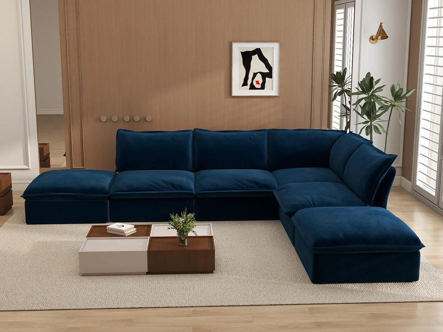 Deluxe Cloud 4-Seater L-Shaped Washable Sectional Sofa | 6-Piece (includes 2 ottomans), Velvet Fabric, Storage Ottoman