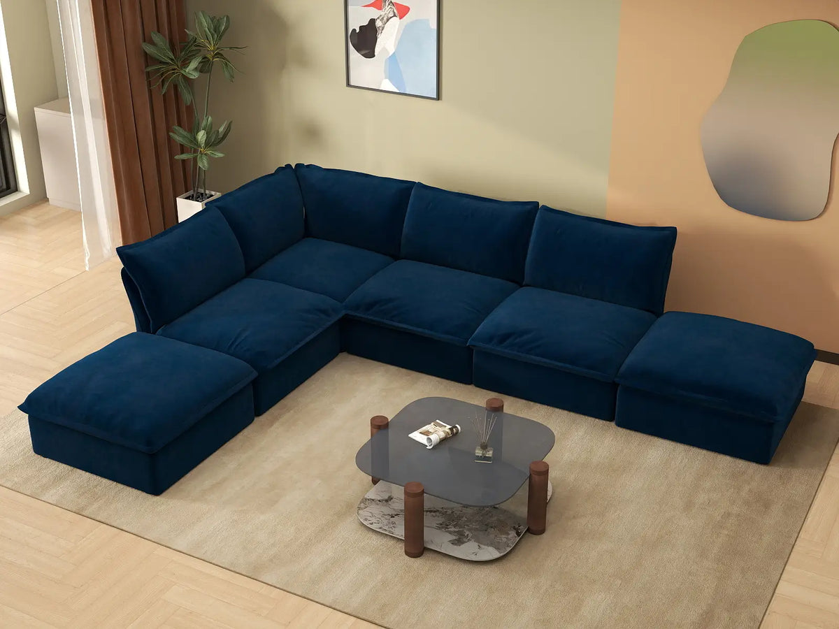 Deluxe Cloud 4-Seater L-Shaped Washable Sectional Sofa | 6-Piece (includes 2 ottomans), Velvet Fabric, Storage Ottoman