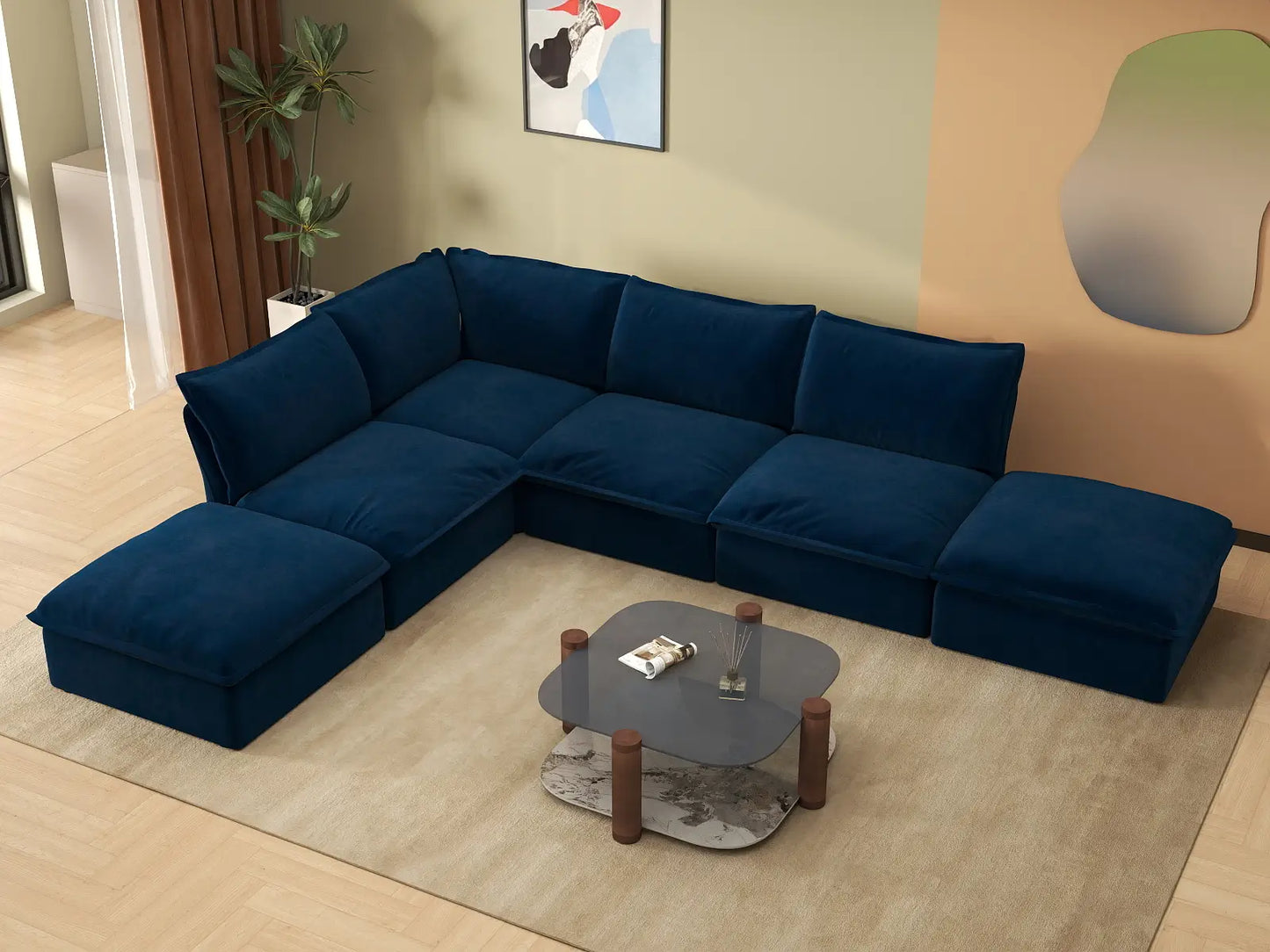 Deluxe Cloud 4-Seater L-Shaped Washable Sectional Sofa | 6-Piece (includes 2 ottomans), Velvet Fabric, Storage Ottoman