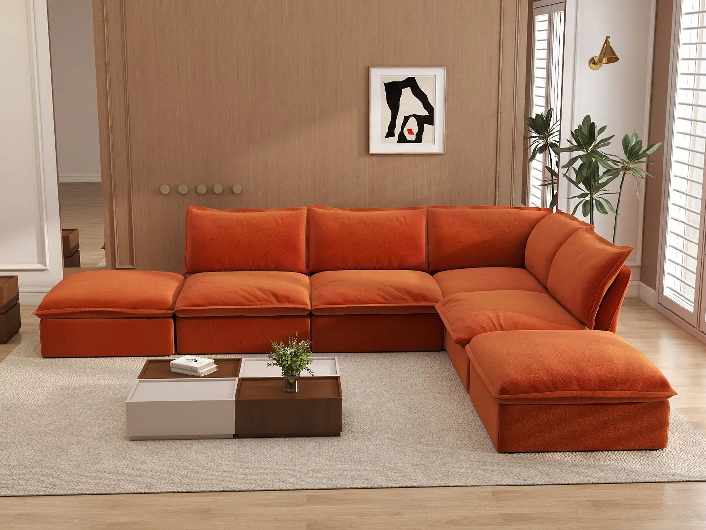 Deluxe Cloud 4-Seater Large L-Shaped Sofa | 6-Piece (includes 2 ottomans), Velvet Fabric, Storage Ottoman