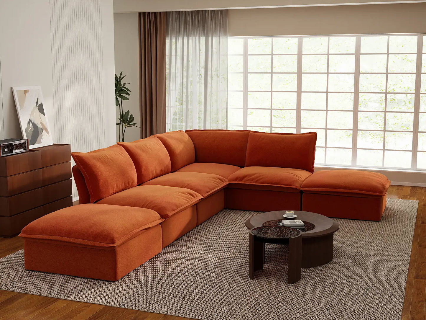 Deluxe Cloud 4-Seater Large L-Shaped Sofa | 6-Piece (includes 2 ottomans), Velvet Fabric, Storage Ottoman