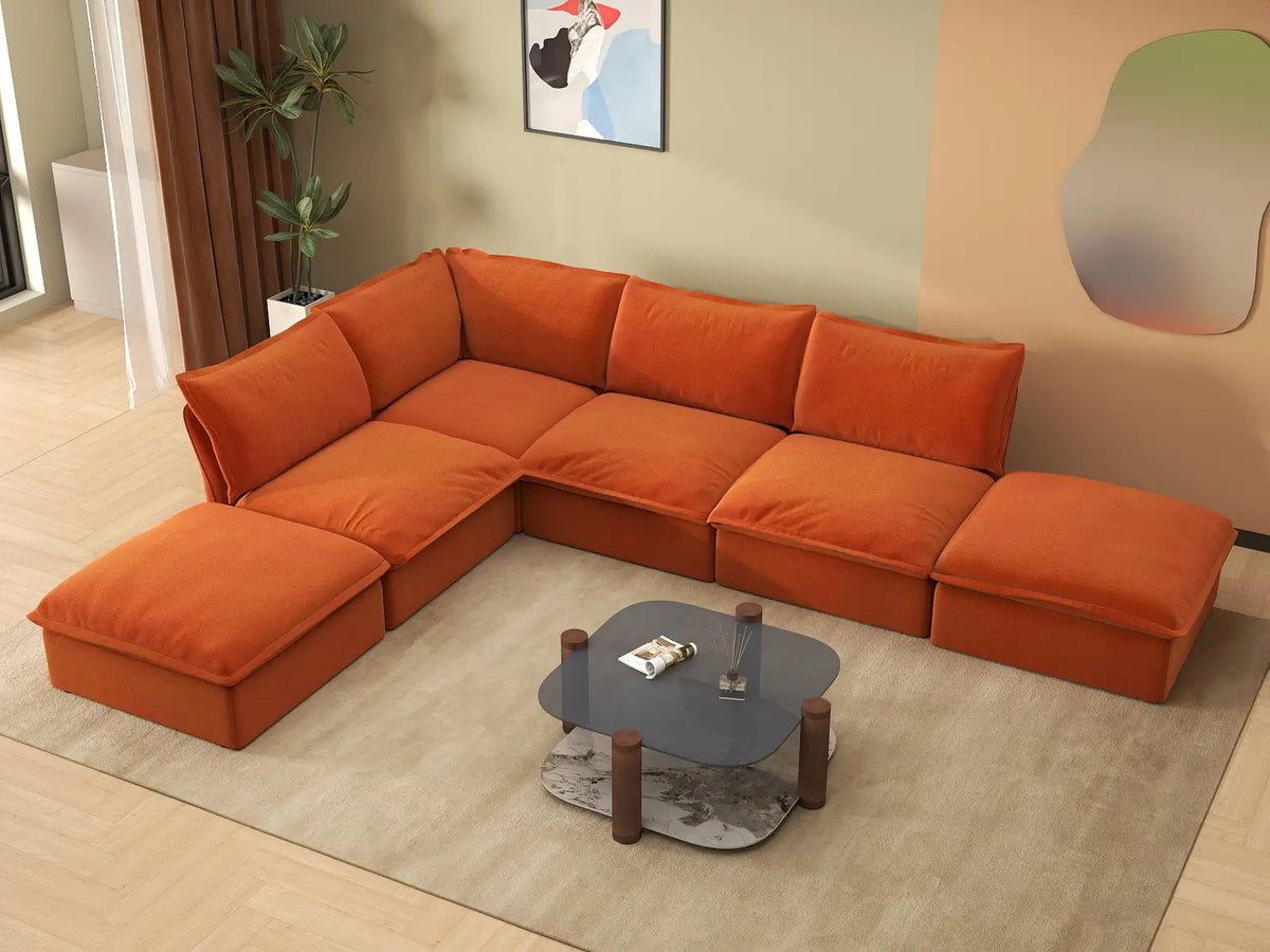 Deluxe Cloud 4-Seater Large L-Shaped Sofa | 6-Piece (includes 2 ottomans), Velvet Fabric, Storage Ottoman