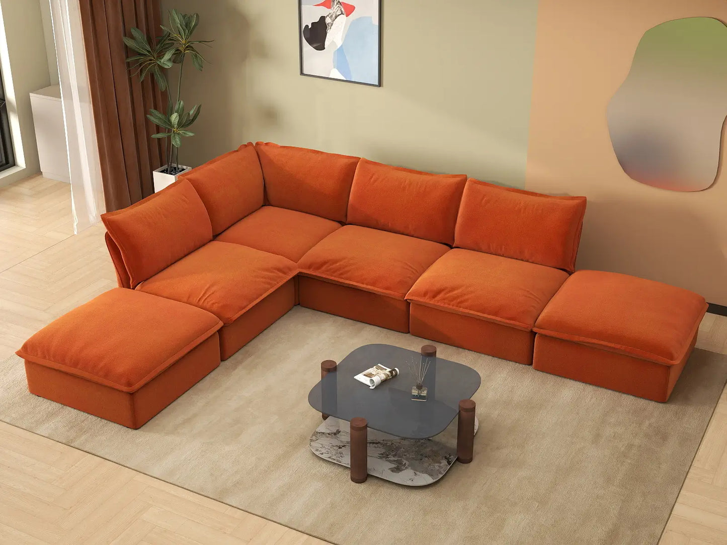 Deluxe Cloud 4-Seater Large L-Shaped Sofa | 6-Piece (includes 2 ottomans), Velvet Fabric, Storage Ottoman