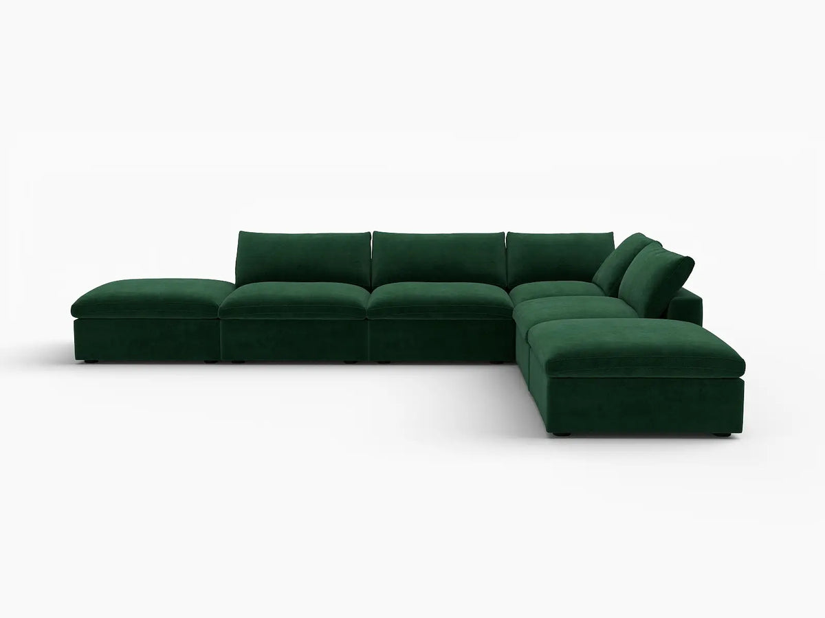 Deluxe Cloud 4-Seater Olive Green Sofa Set | 6-Piece (Includes 2 Ottomans), Velvet Fabric, Washable Cushion Covers