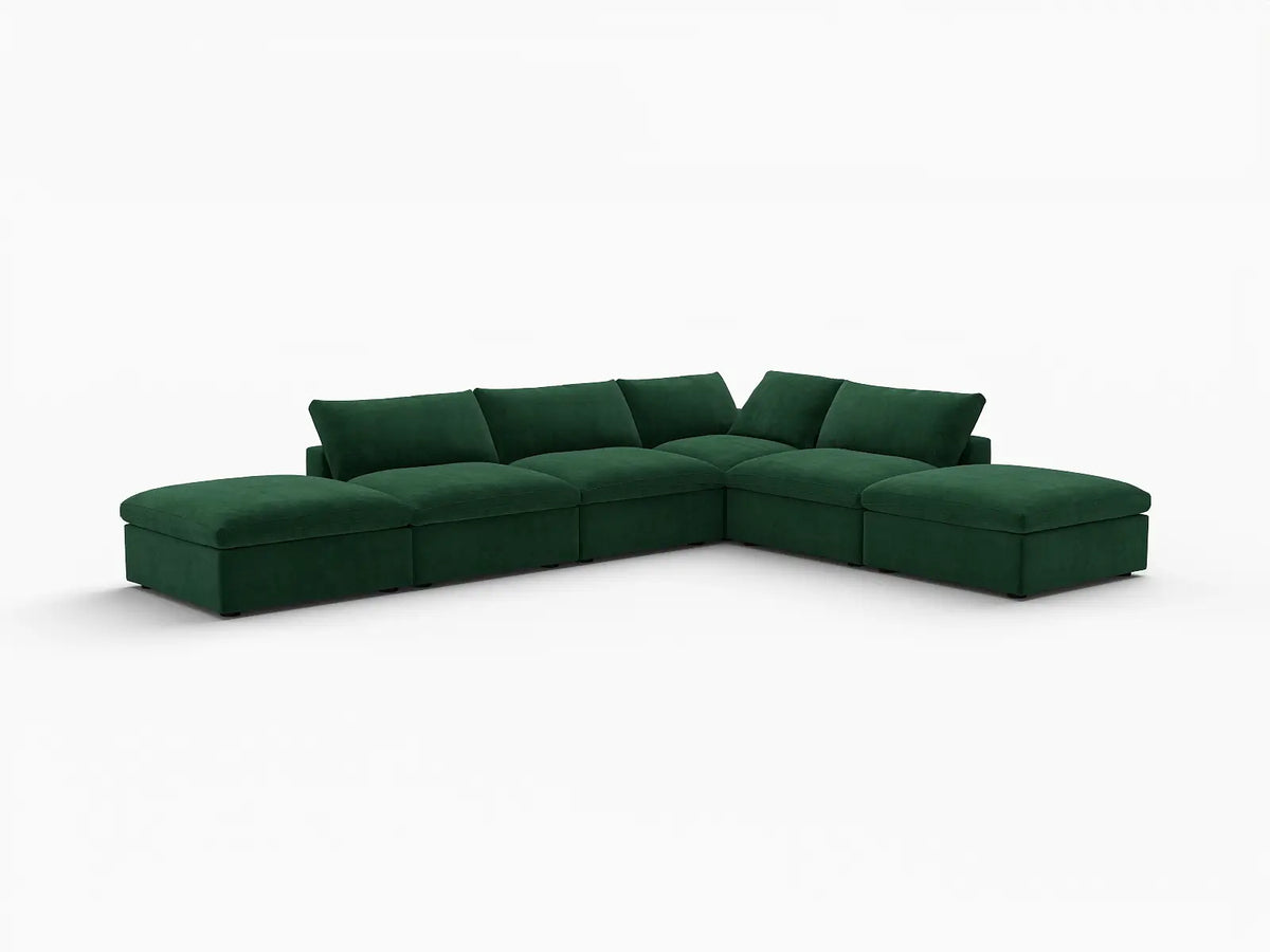 Deluxe Cloud 4-Seater Olive Green Sofa Set | 6-Piece (Includes 2 Ottomans), Velvet Fabric, Washable Cushion Covers