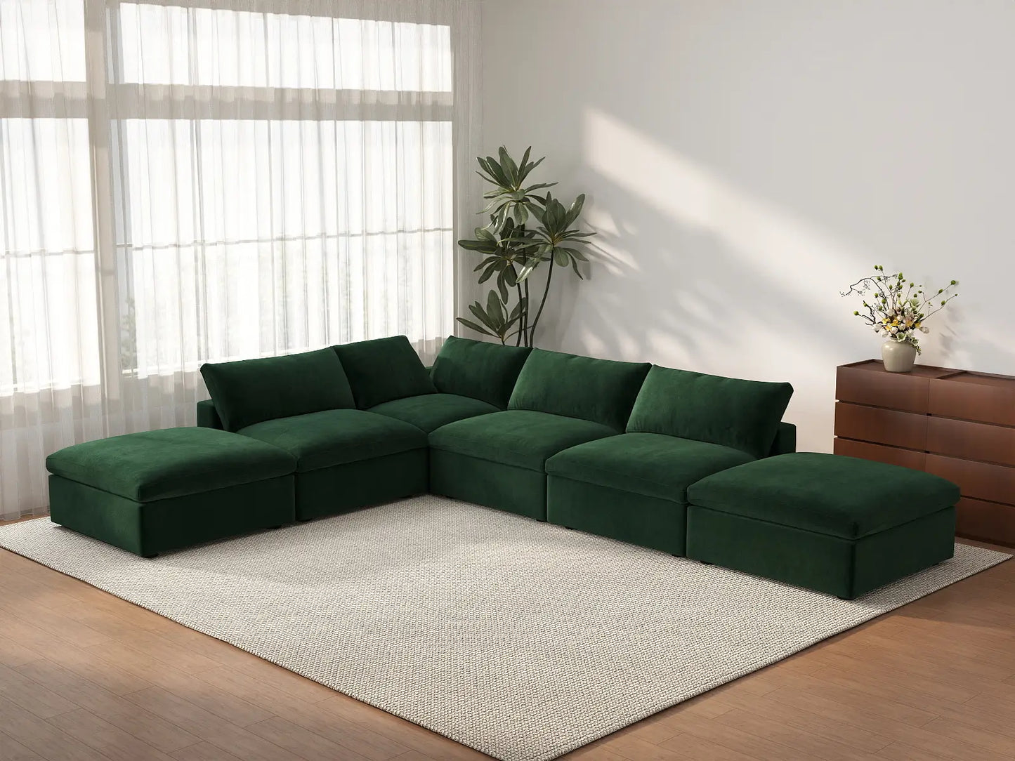 Deluxe Cloud 4-Seater Olive Green Sofa Set | 6-Piece (Includes 2 Ottomans), Velvet Fabric, Washable Cushion Covers