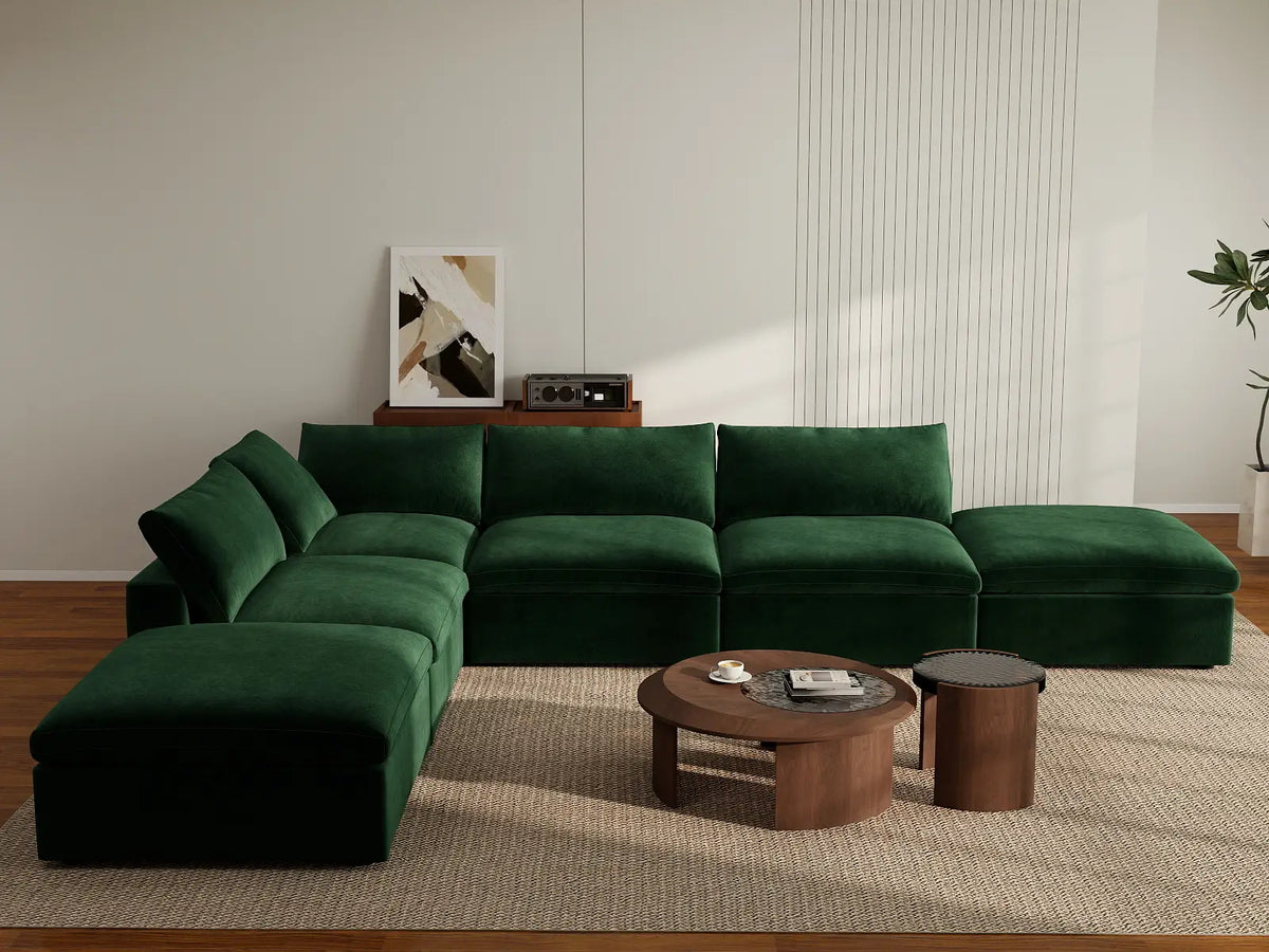 Deluxe Cloud 4-Seater Olive Green Sofa Set | 6-Piece (Includes 2 Ottomans), Velvet Fabric, Washable Cushion Covers