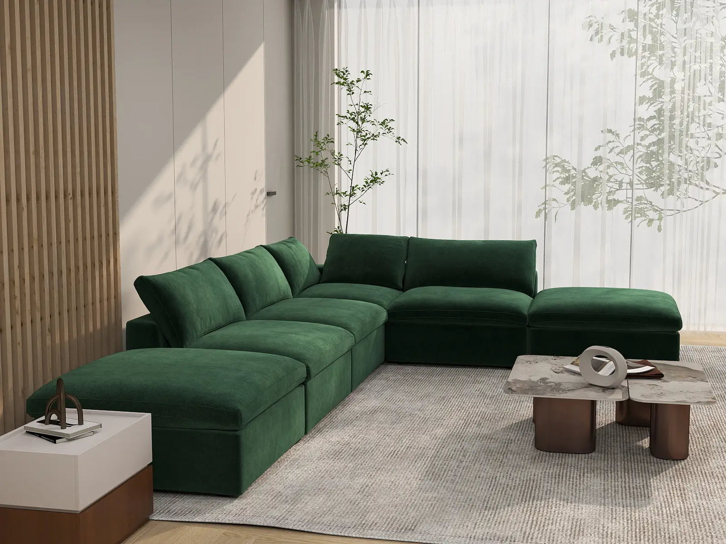 Deluxe Cloud 4-Seater Olive Green Sofa Set | 6-Piece (Includes 2 Ottomans), Velvet Fabric, Washable Cushion Covers