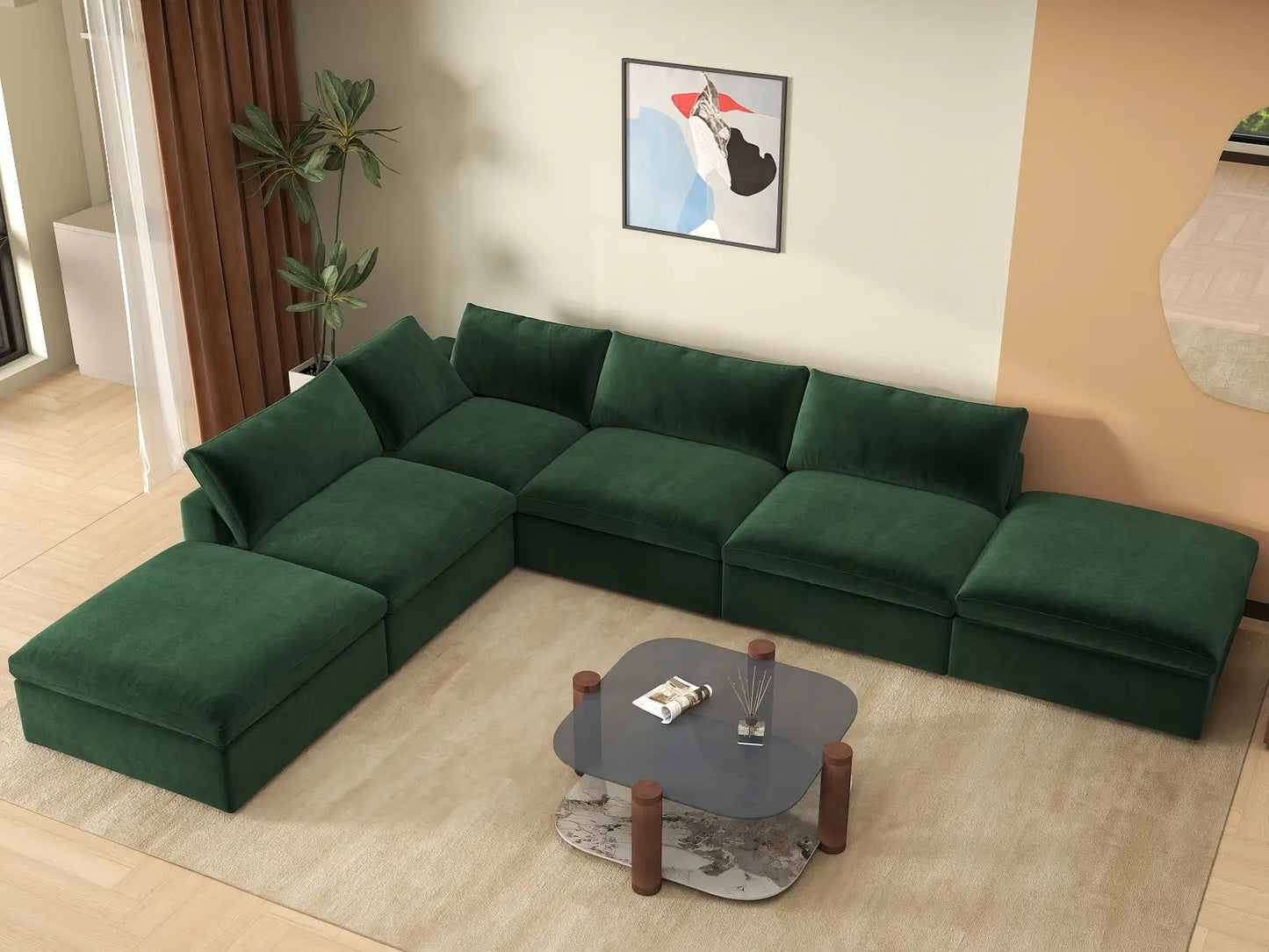 Deluxe Cloud 4-Seater Olive Green Sofa Set | 6-Piece (Includes 2 Ottomans), Velvet Fabric, Washable Cushion Covers