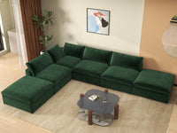 Deluxe Cloud 4-Seater Olive Green Sofa Set | 6-Piece (Includes 2 Ottomans), Velvet Fabric, Washable Cushion Covers