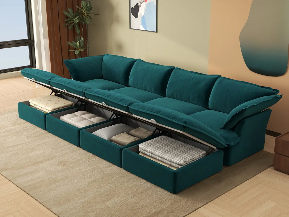 Sofá seccional de 4 plazas Deluxe Cloud con espacio de almacenamiento | 8 piezas (incluye 4 otomanas), tela de terciopelo, fundas lavables