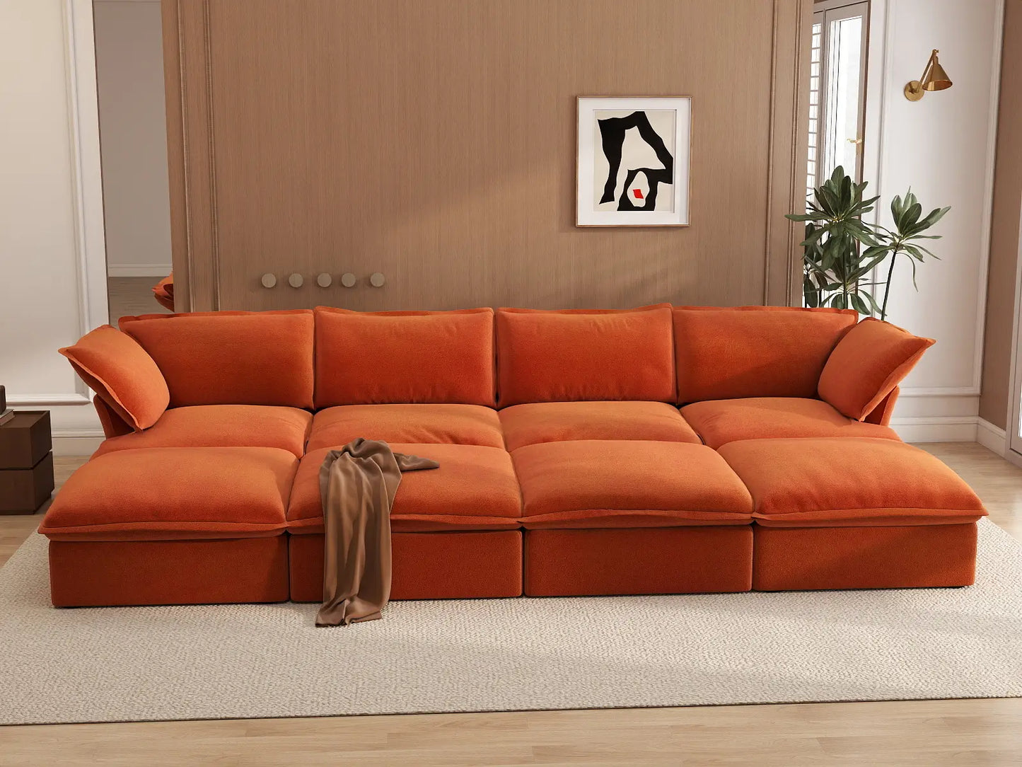 Deluxe Cloud 4-Seater Pit Sectional with Storage | 8-Piece (includes 4 ottomans), Velvet Fabric, Washable Covers