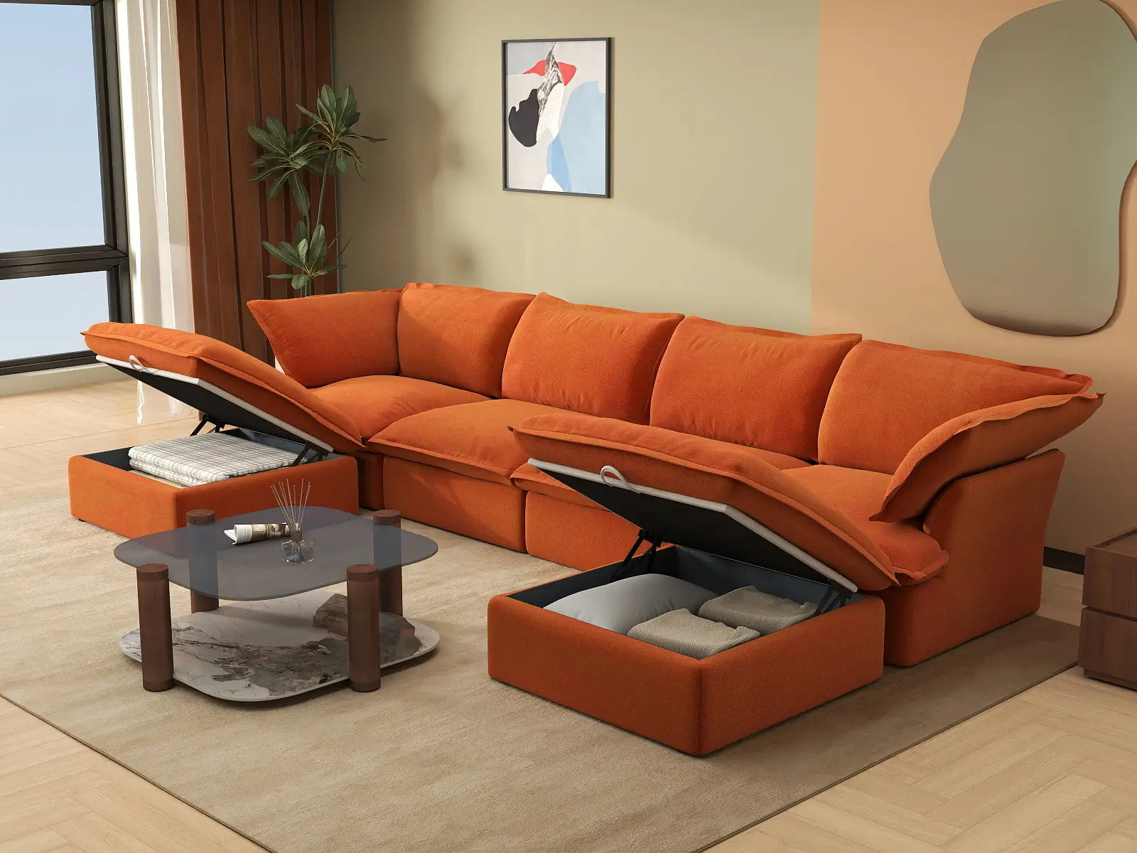 Deluxe Cloud 4-Seater U-Shaped Sofa with Storage | 6-Piece (includes 2 ottomans), Velvet Fabric, Washable Covers
