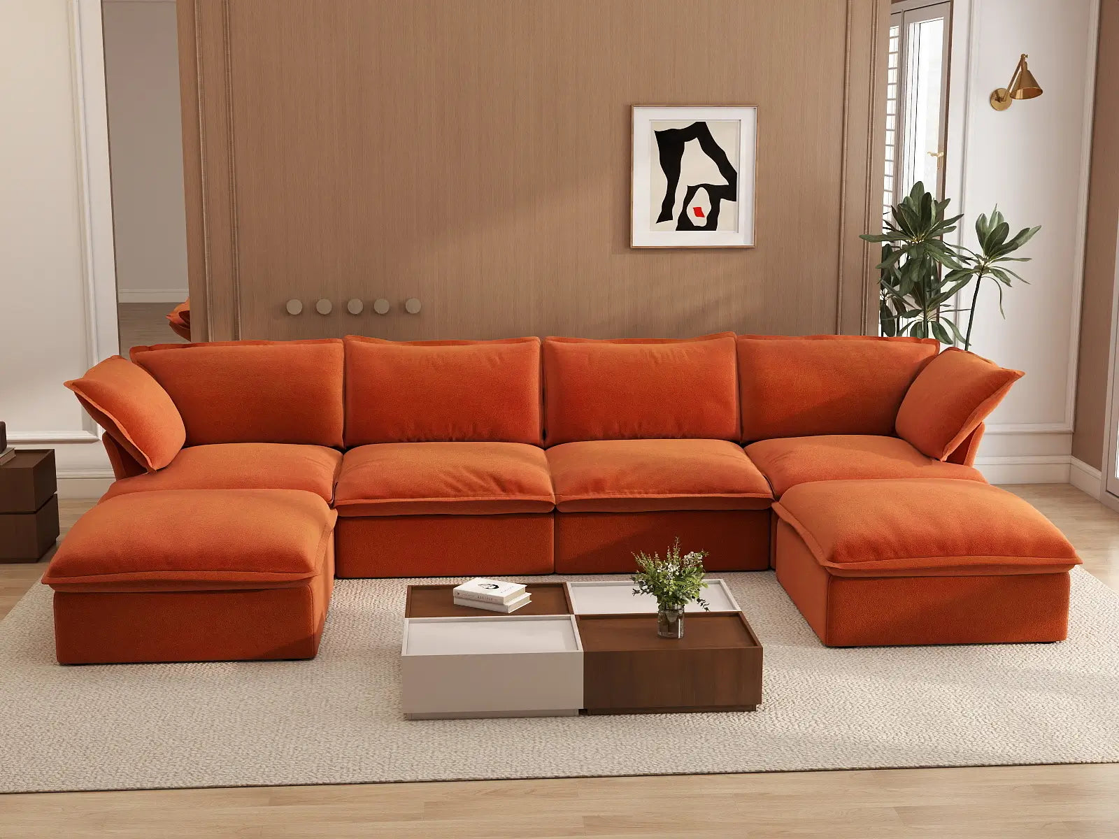 Deluxe Cloud 4-Seater U-Shaped Sofa with Storage | 6-Piece (includes 2 ottomans), Velvet Fabric, Washable Covers