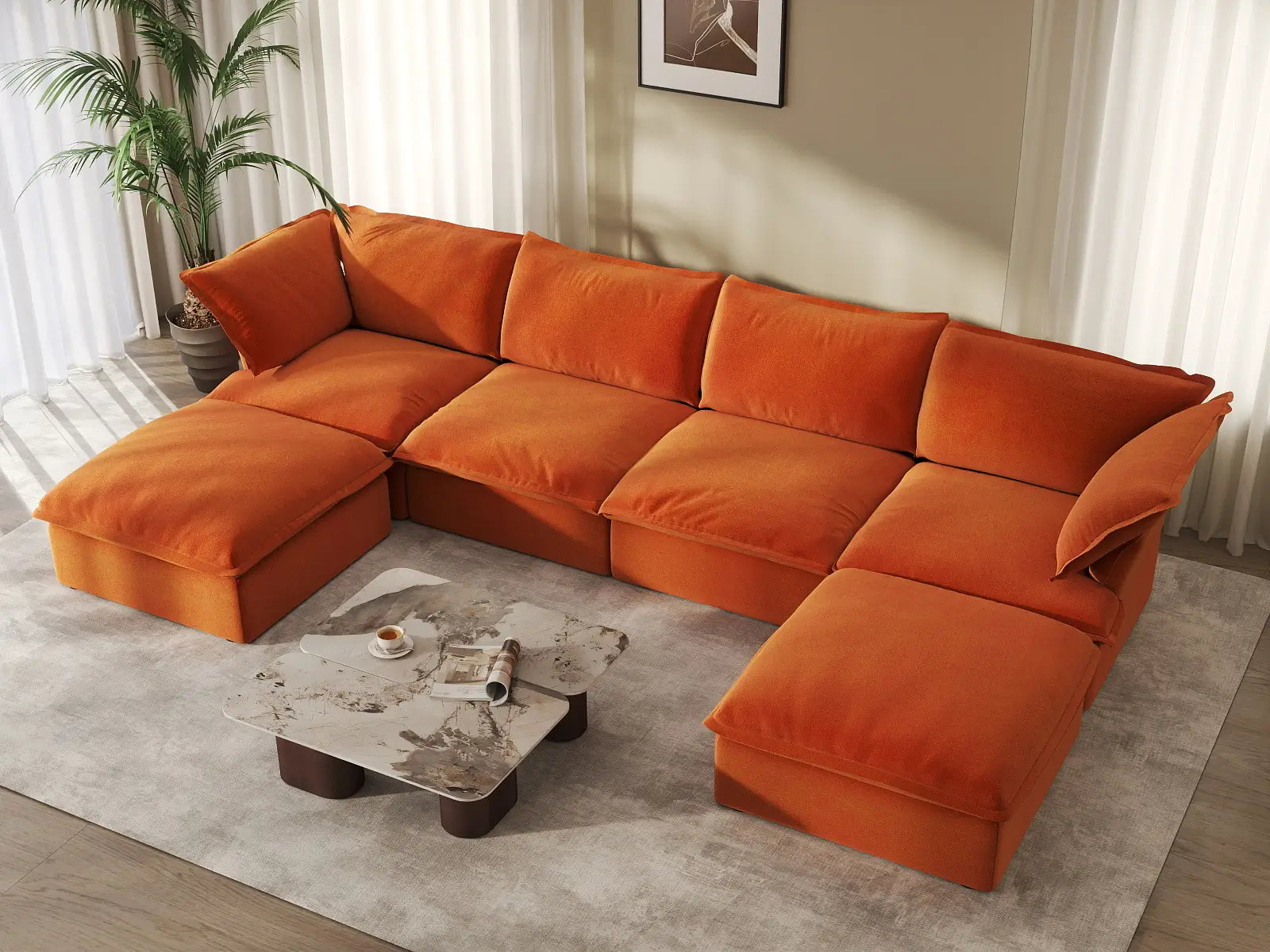 Deluxe Cloud 4-Seater U-Shaped Sofa with Storage | 6-Piece (includes 2 ottomans), Velvet Fabric, Washable Covers