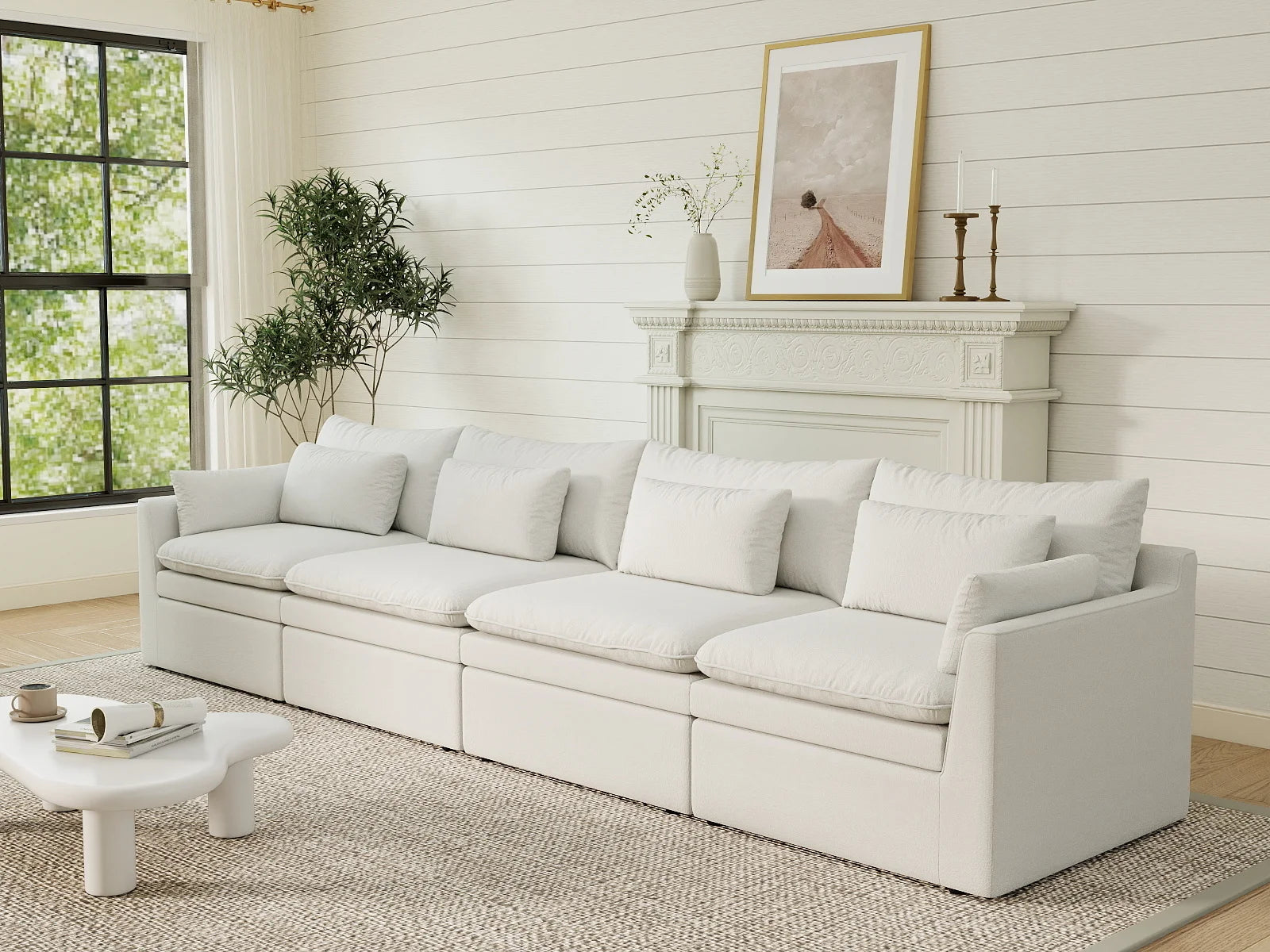 Deluxe Cloud 4-Seater White Large Space Couch Sectional | 4-Piece, Linen Look Poly Fabric, Easy To Clean