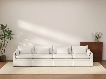 Deluxe Cloud 4-Seater White Large Space Couch Sectional | 4-Piece, Linen Look Poly Fabric, Easy To Clean