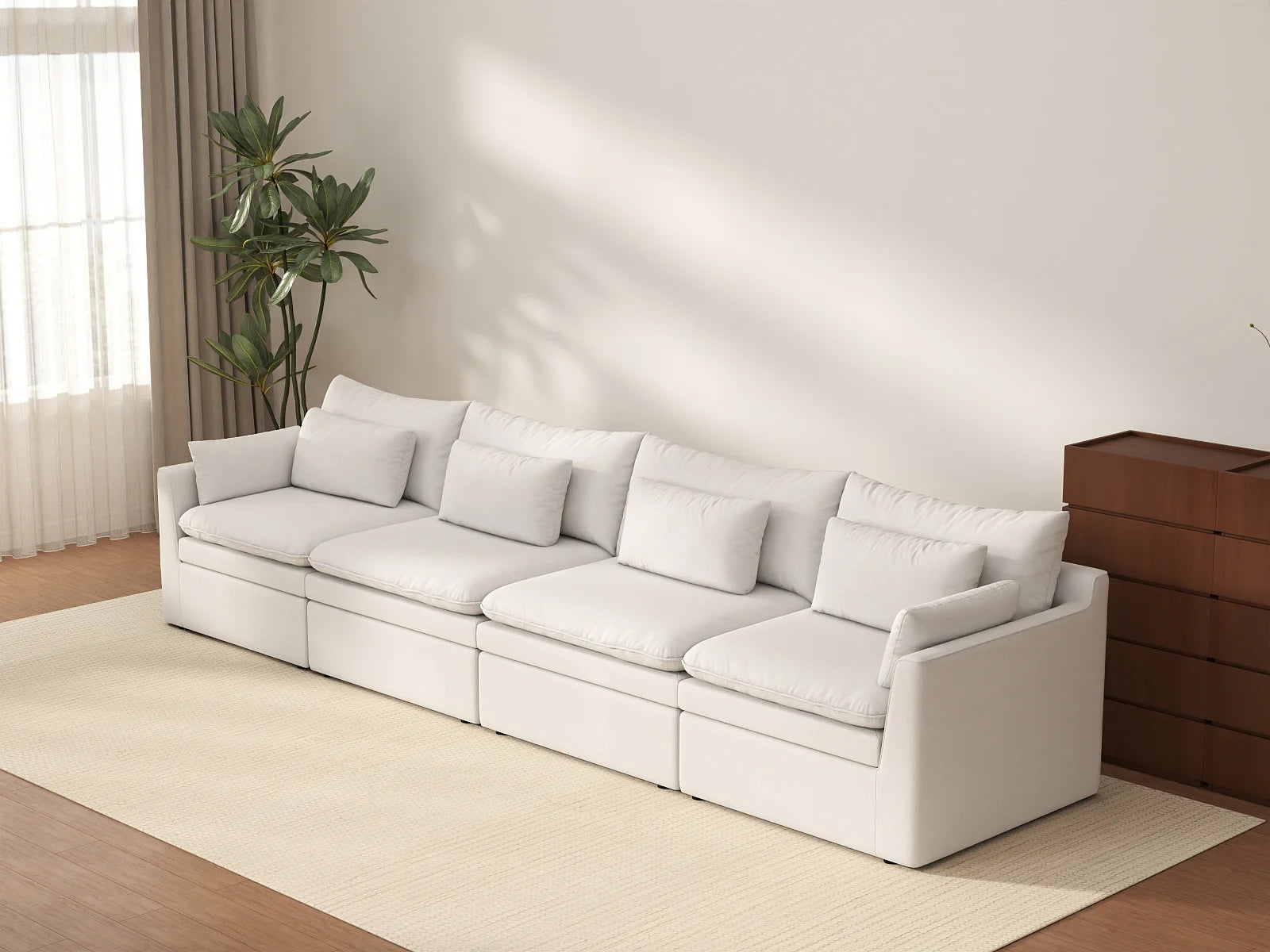 Deluxe Cloud 4-Seater White Large Space Couch Sectional | 4-Piece, Linen Look Poly Fabric, Easy To Clean