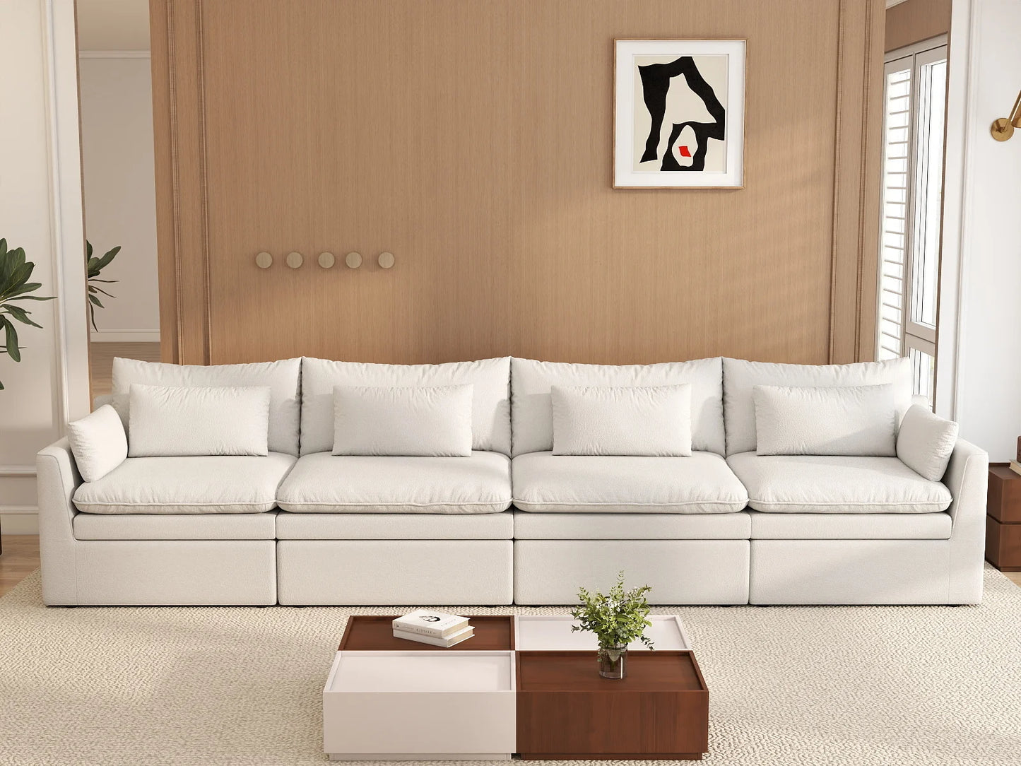 Deluxe Cloud 4-Seater White Large Space Couch Sectional | 4-Piece, Linen Look Poly Fabric, Easy To Clean