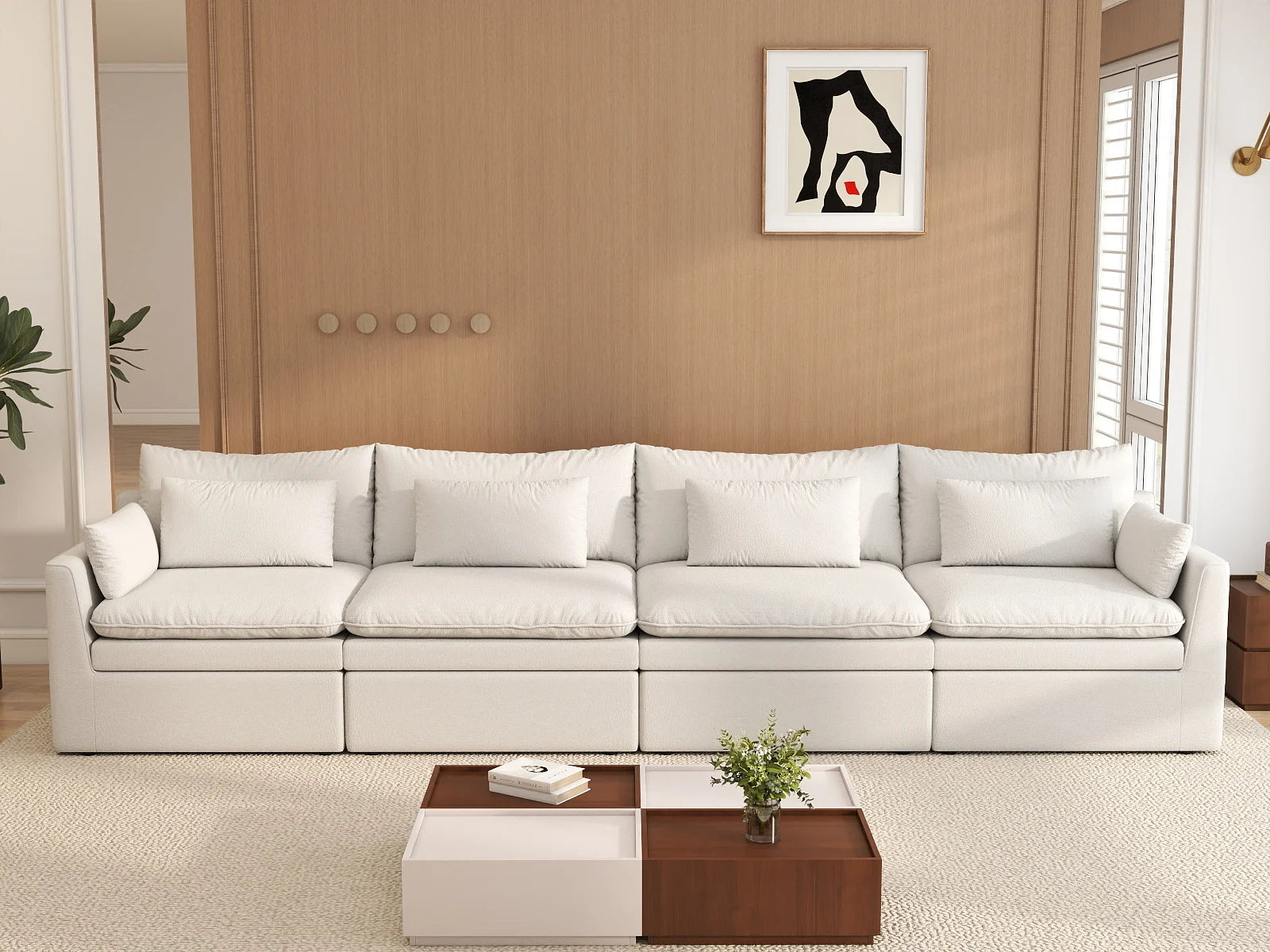 Deluxe Cloud 4-Seater White Large Space Couch Sectional | 4-Piece, Linen Look Poly Fabric, Easy To Clean