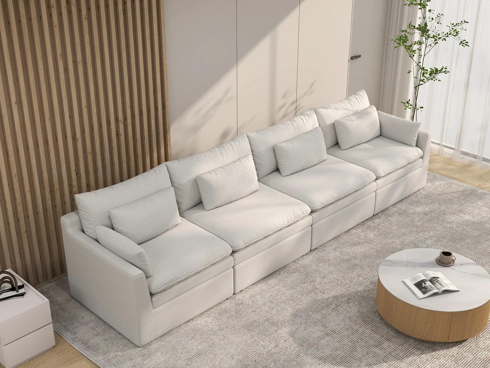 Deluxe Cloud 4-Seater White Large Space Couch Sectional | 4-Piece, Linen Look Poly Fabric, Easy To Clean