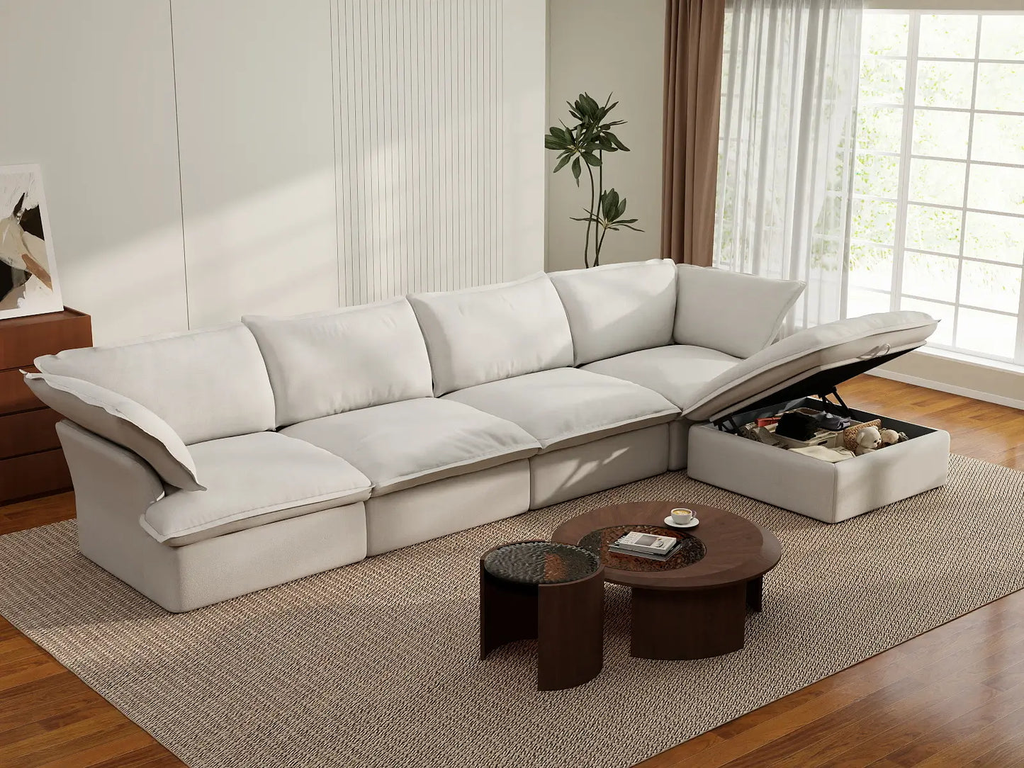 Deluxe Cloud 4-Seater White Storage L-Shaped Sectional | 5-Piece (includes 1 Ottoman), Linen and Cotton Fabric, Washable Covers