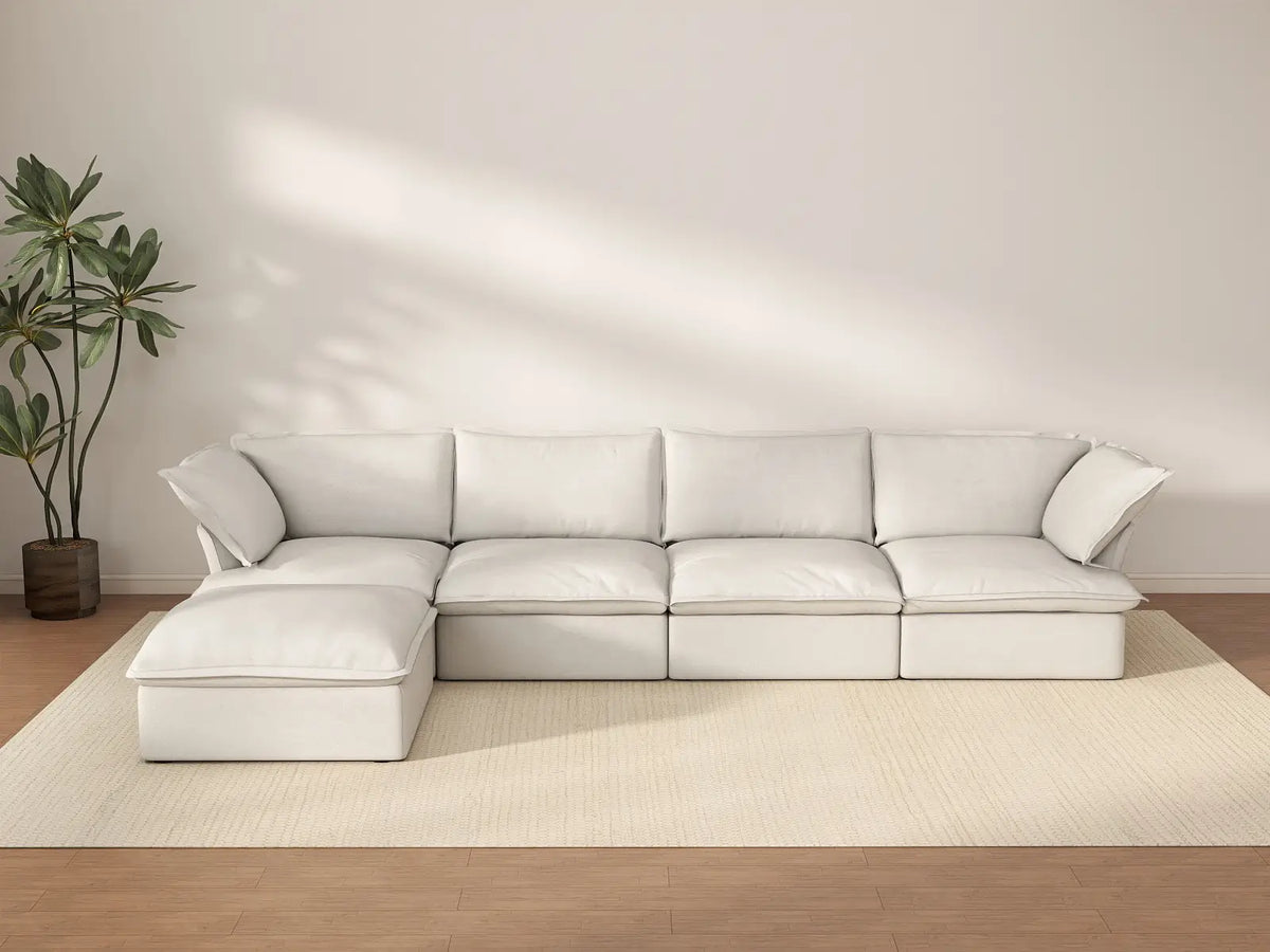 Deluxe Cloud 4-Seater White Storage L-Shaped Sectional | 5-Piece (includes 1 Ottoman), Linen and Cotton Fabric, Washable Covers