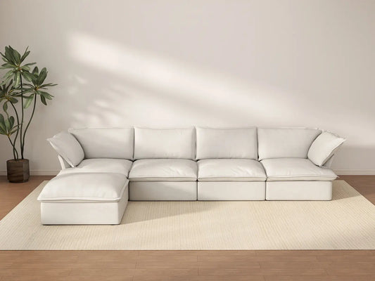 Deluxe Cloud 4-Seater White Storage L-Shaped Sectional | 5-Piece (includes 1 Ottoman), Linen and Cotton Fabric, Washable Covers
