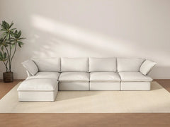 Deluxe Cloud 4-Seater White Storage L-Shaped Sectional | 5-Piece (includes 1 Ottoman), Linen and Cotton Fabric, Washable Covers