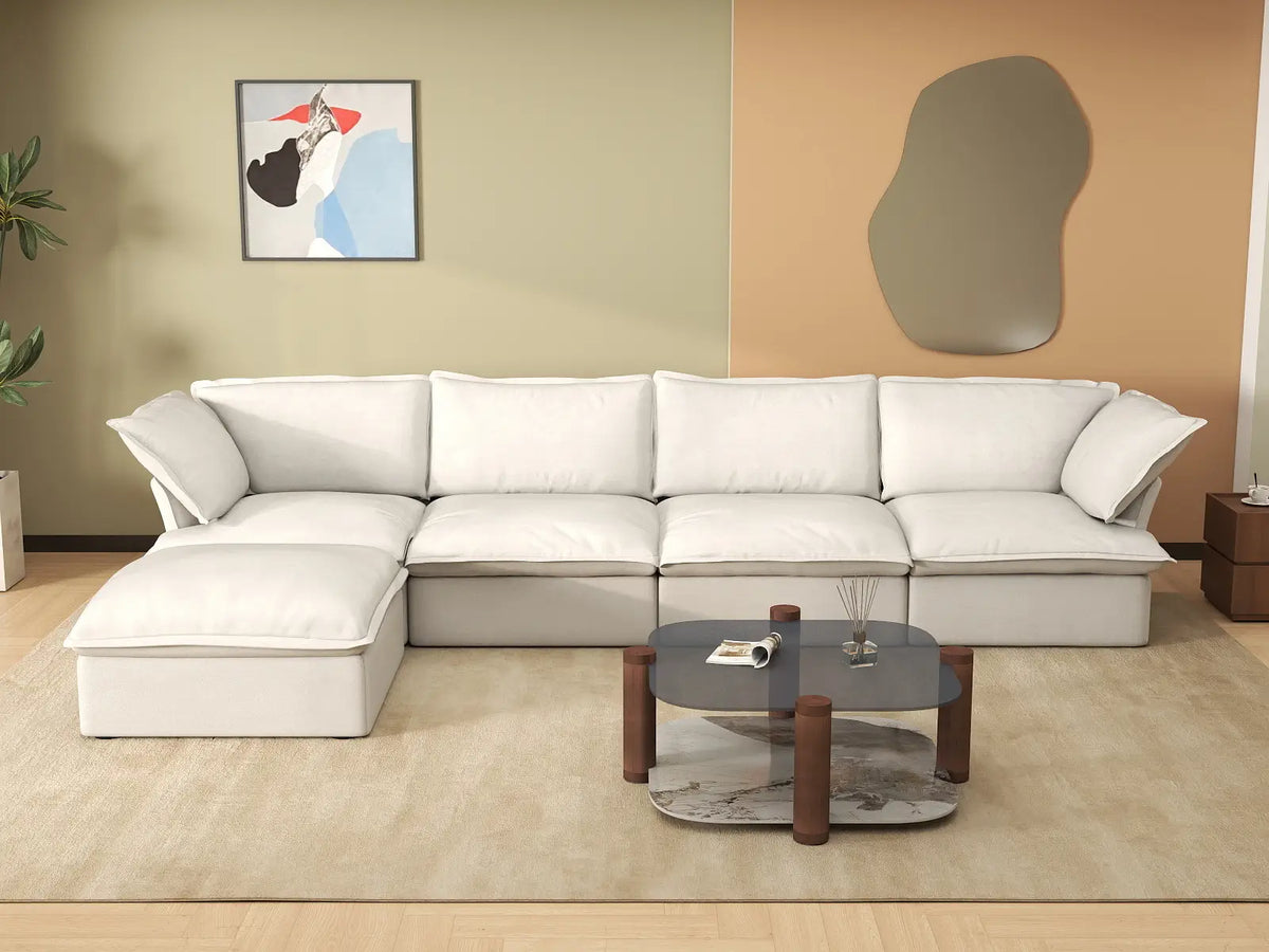 Deluxe Cloud 4-Seater White Storage L-Shaped Sectional | 5-Piece (includes 1 Ottoman), Linen and Cotton Fabric, Washable Covers